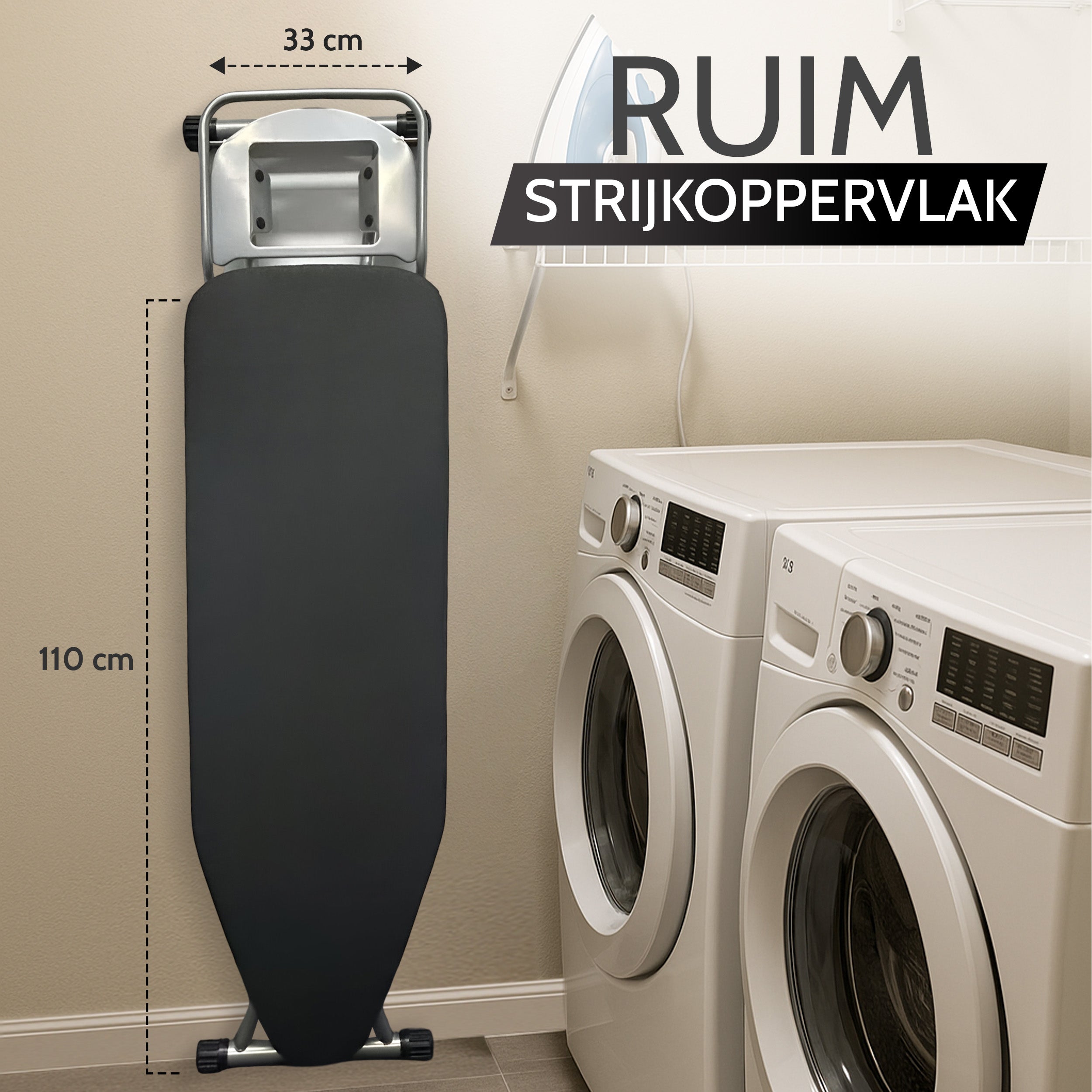 Bayt Strijkplank 100x33 cm - In Hoogte Verstelbaar 70-90 cm - Met Strijkijzerhouder - Katoenen Hoes - Grijs - Baytliving