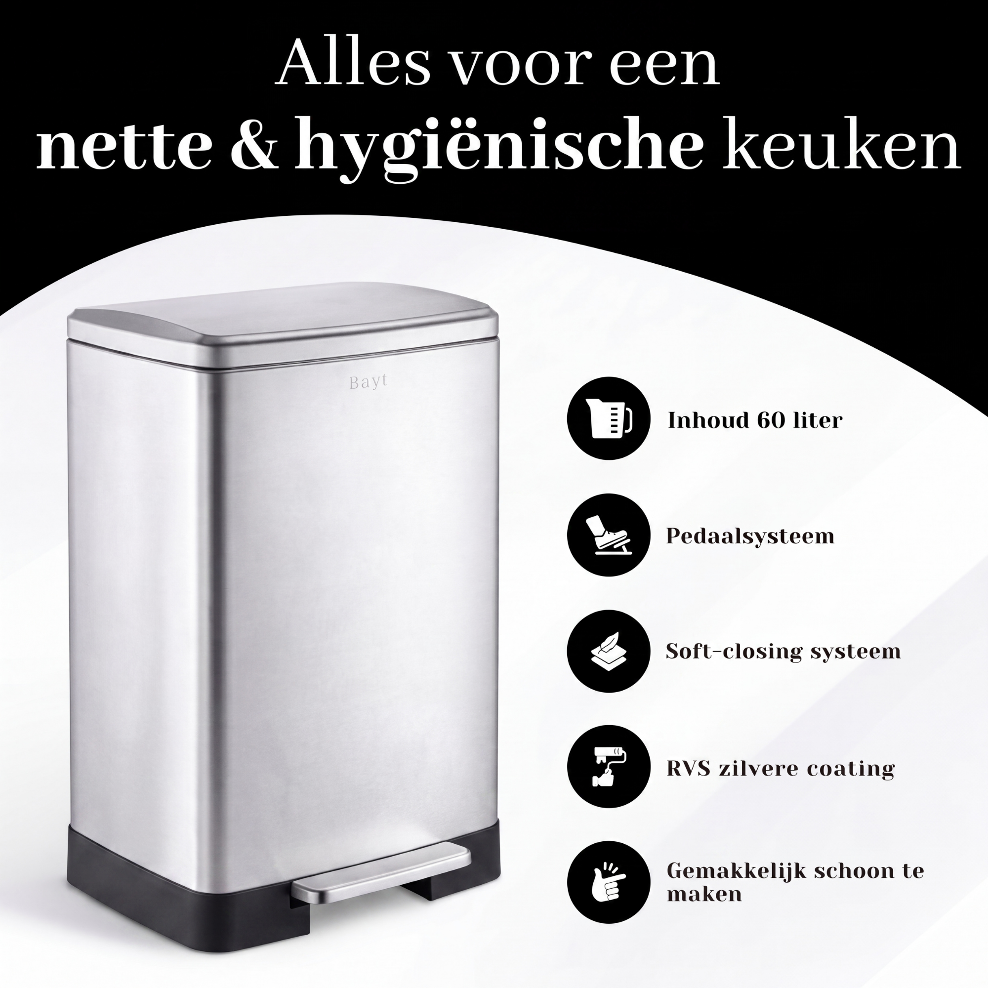 Prullenbak 60 Liter met Pedaalbediening - Zilver - Baytliving