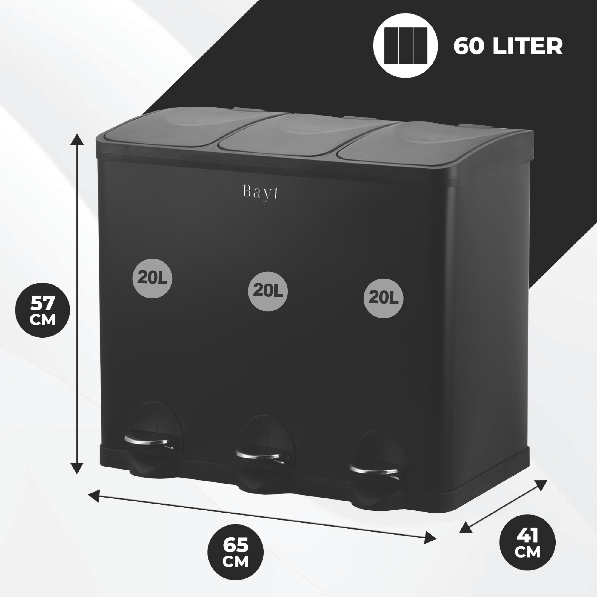 Bayt Prullenbak 60 liter - 3x20L Pedaalprullenbak - Zwart - Outlet - Baytliving