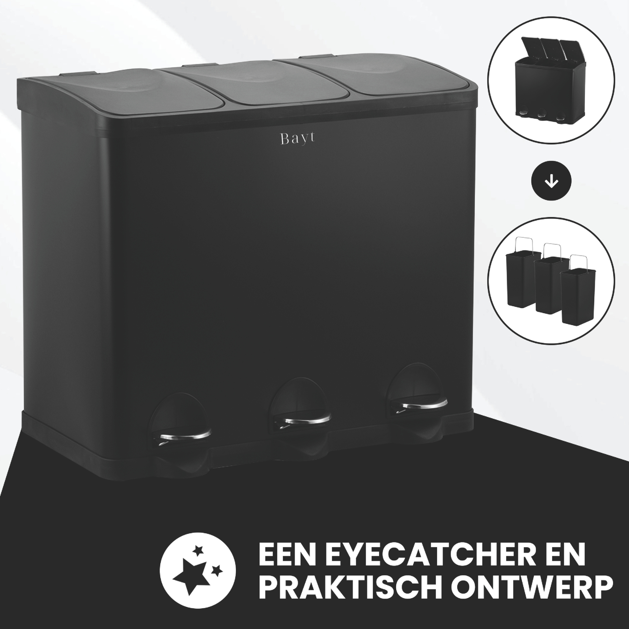 Bayt Prullenbak 60 liter - 3x20L Pedaalprullenbak - Zwart - Outlet - Baytliving