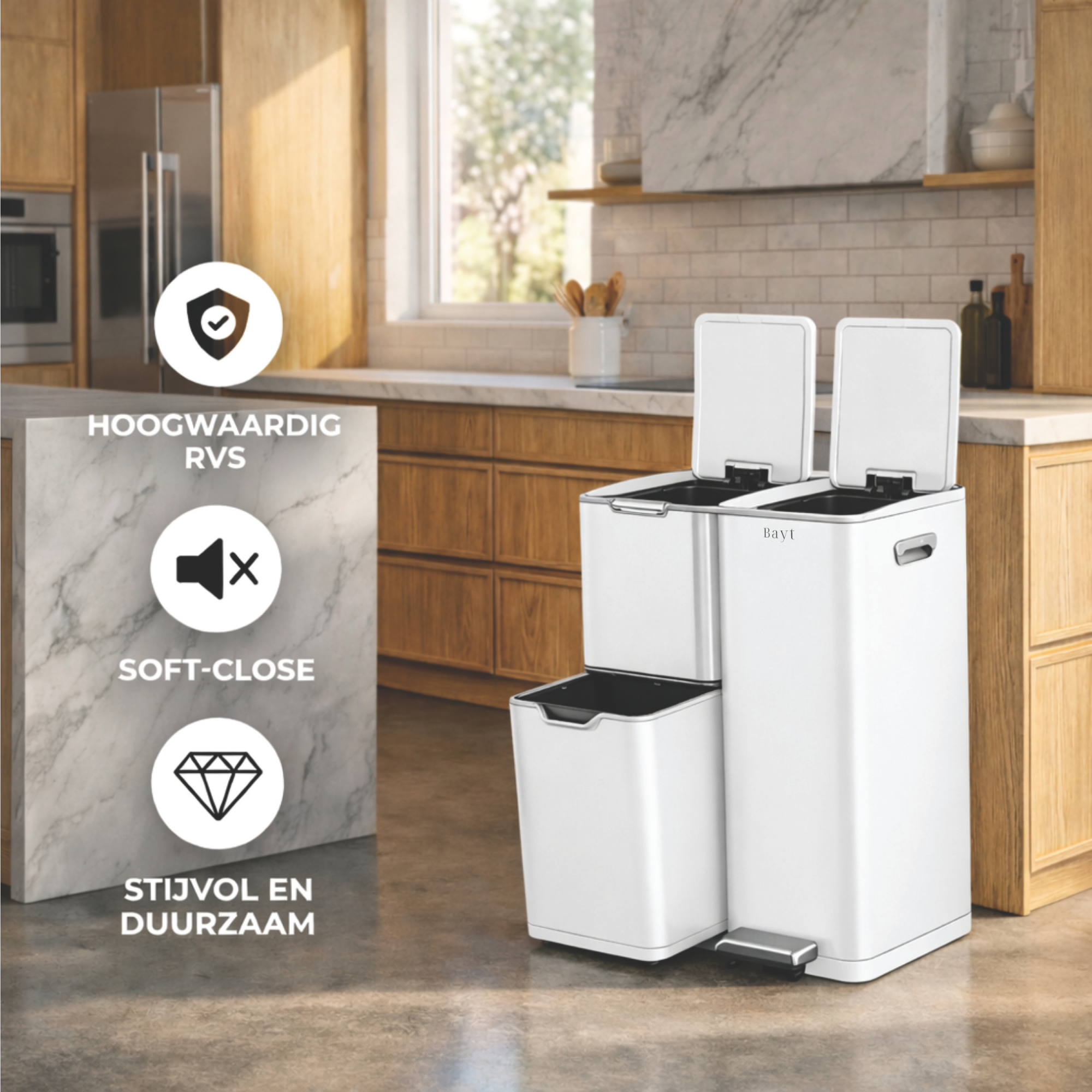 Bayt Prullenbak 60 liter - 3 compartimenten - Wit - Outlet - Baytliving