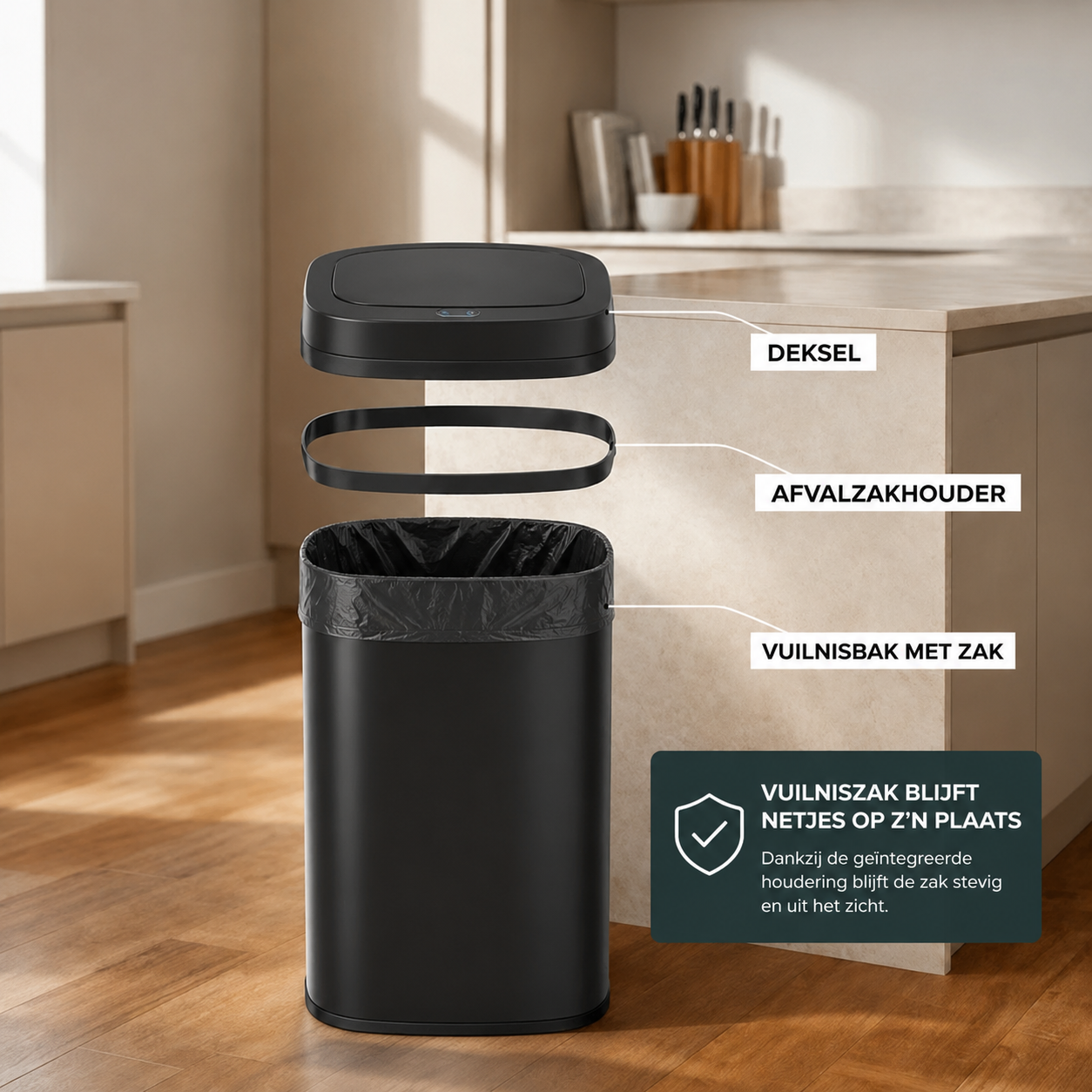 Prullenbak 60 Liter met Touchbediening - Zwart - Baytliving
