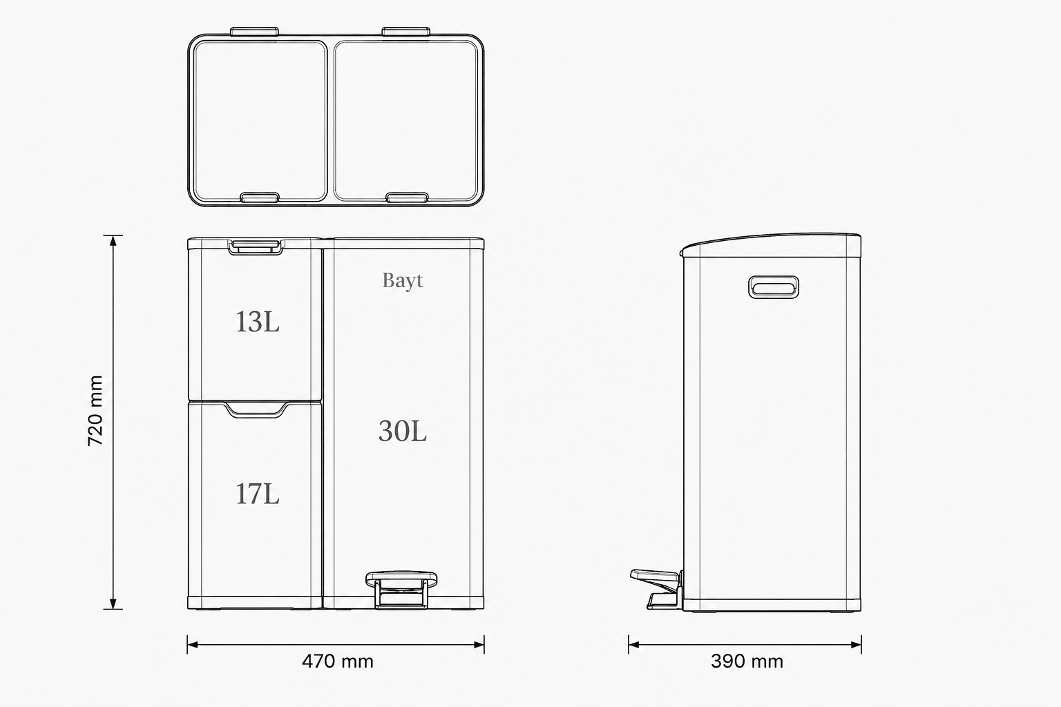 Bayt Prullenbak 60 Liter - 3 Compartimenten - Chrome - Outlet - Baytliving
