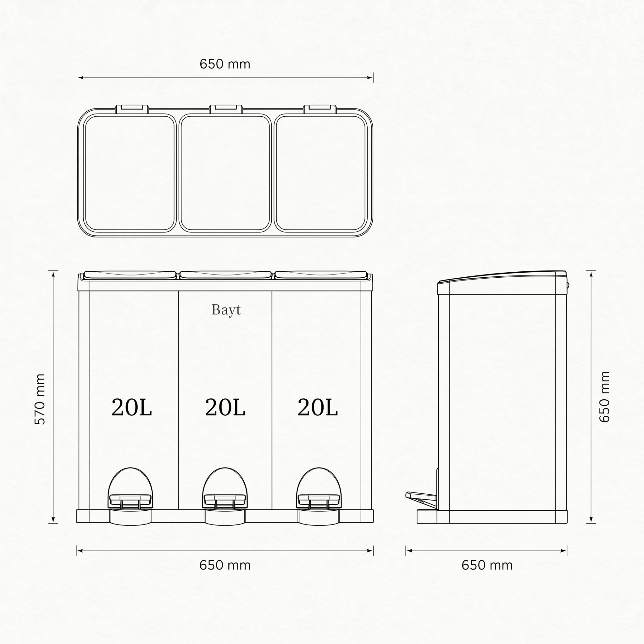 Prullenbak 3x20 Liter met Pedaalbediening - Zwart - Baytliving