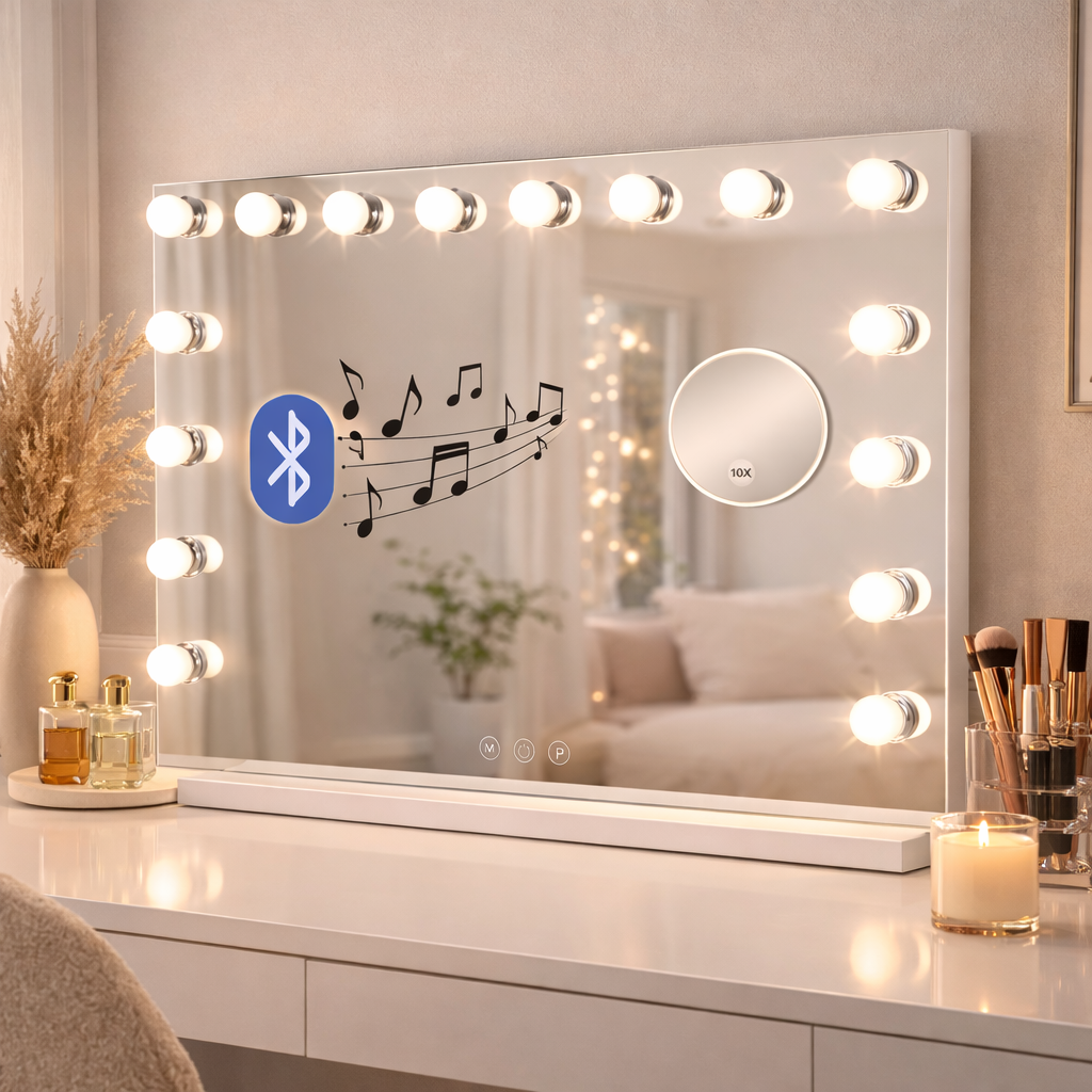 Bayt Hollywood Spiegel met Bluetooth Speaker - 58x46cm - Wit - Baytliving