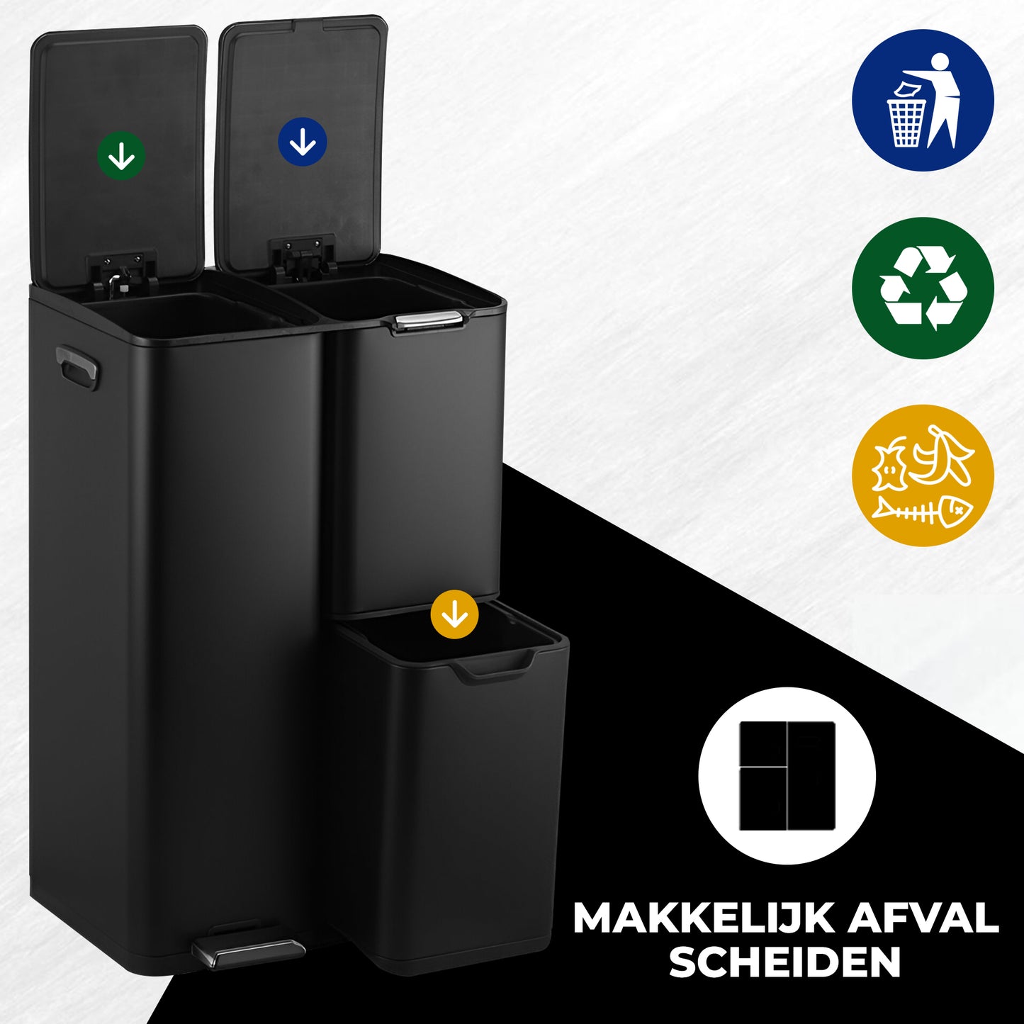 Bayt Prullenbak 60 liter - 3 compartimenten - Zwart