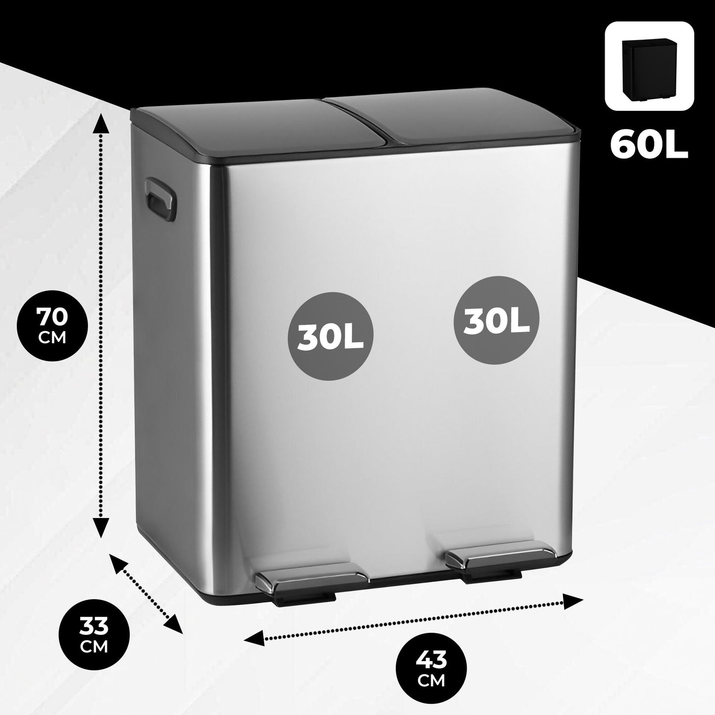 Bayt Prullenbak – 2x30L – Pedaal – Zilver - Baytliving