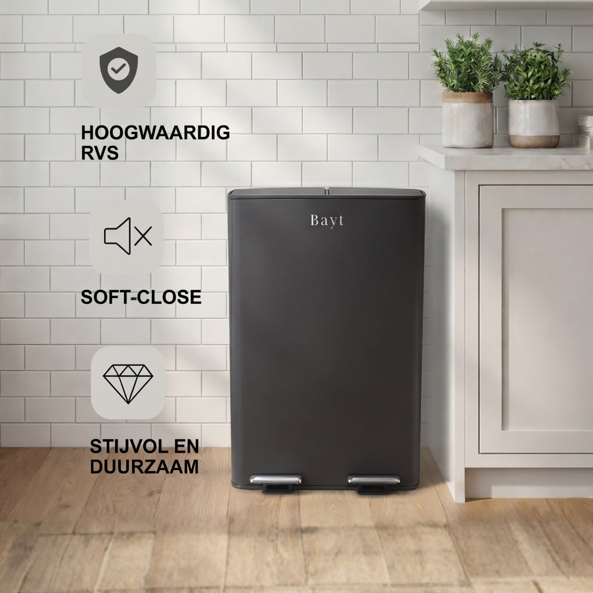 Bayt Prullenbak 60 liter - 2x30L Pedaalprullenbak - Zwart/Zilver - Outlet - Baytliving
