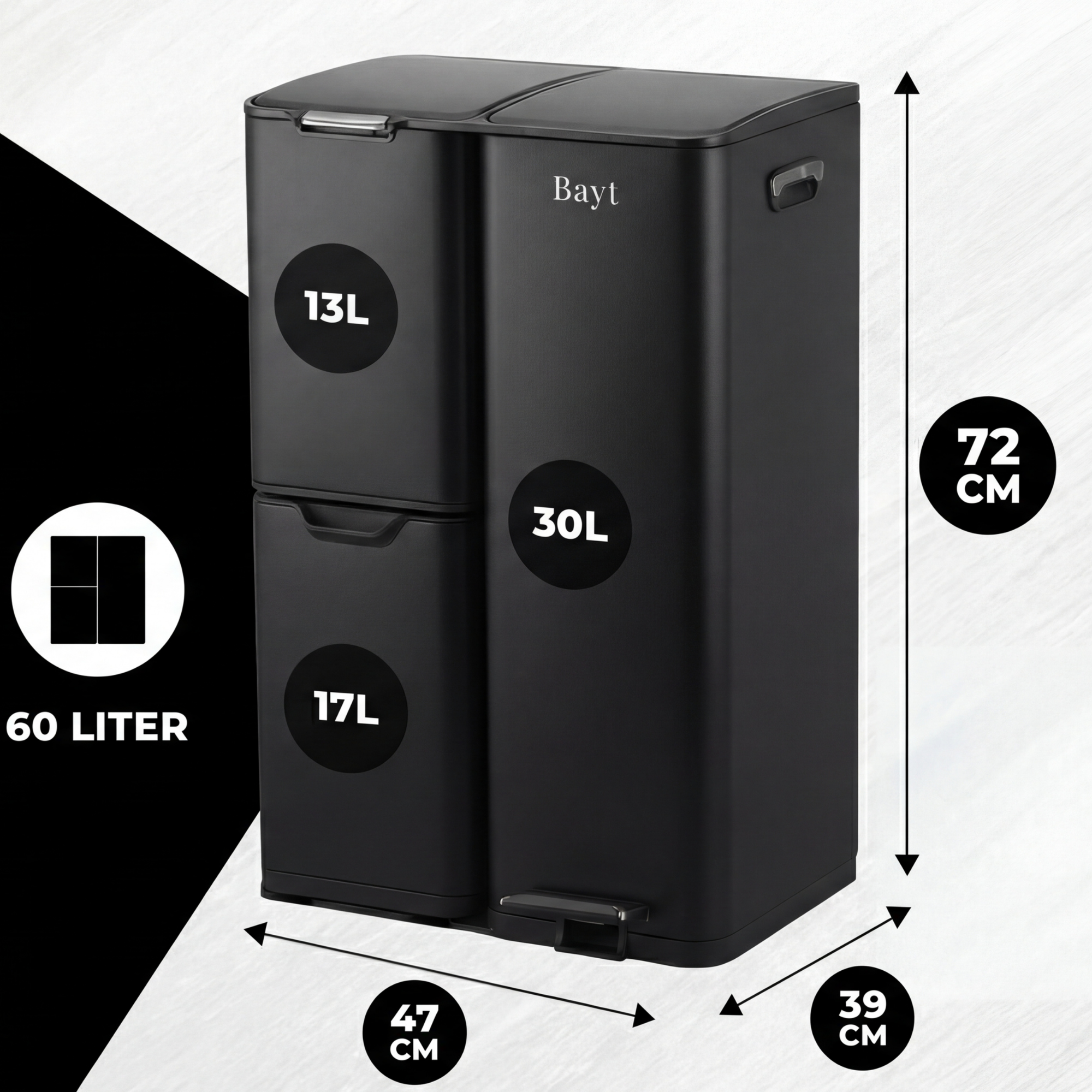 Bayt Prullenbak 60 liter - 3 compartimenten - Zwart - Baytliving