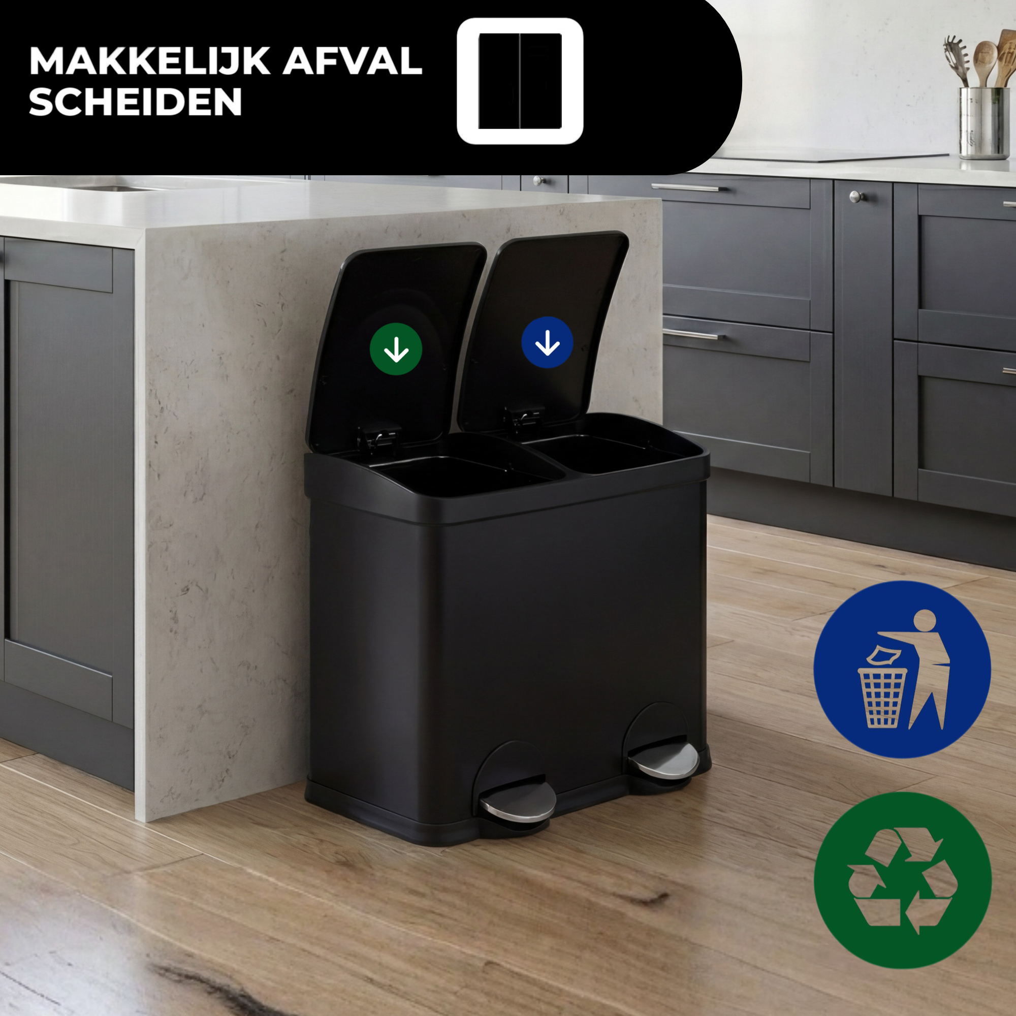Prullenbak 2x15 Liter met Pedaalbediening - Zwart - Baytliving