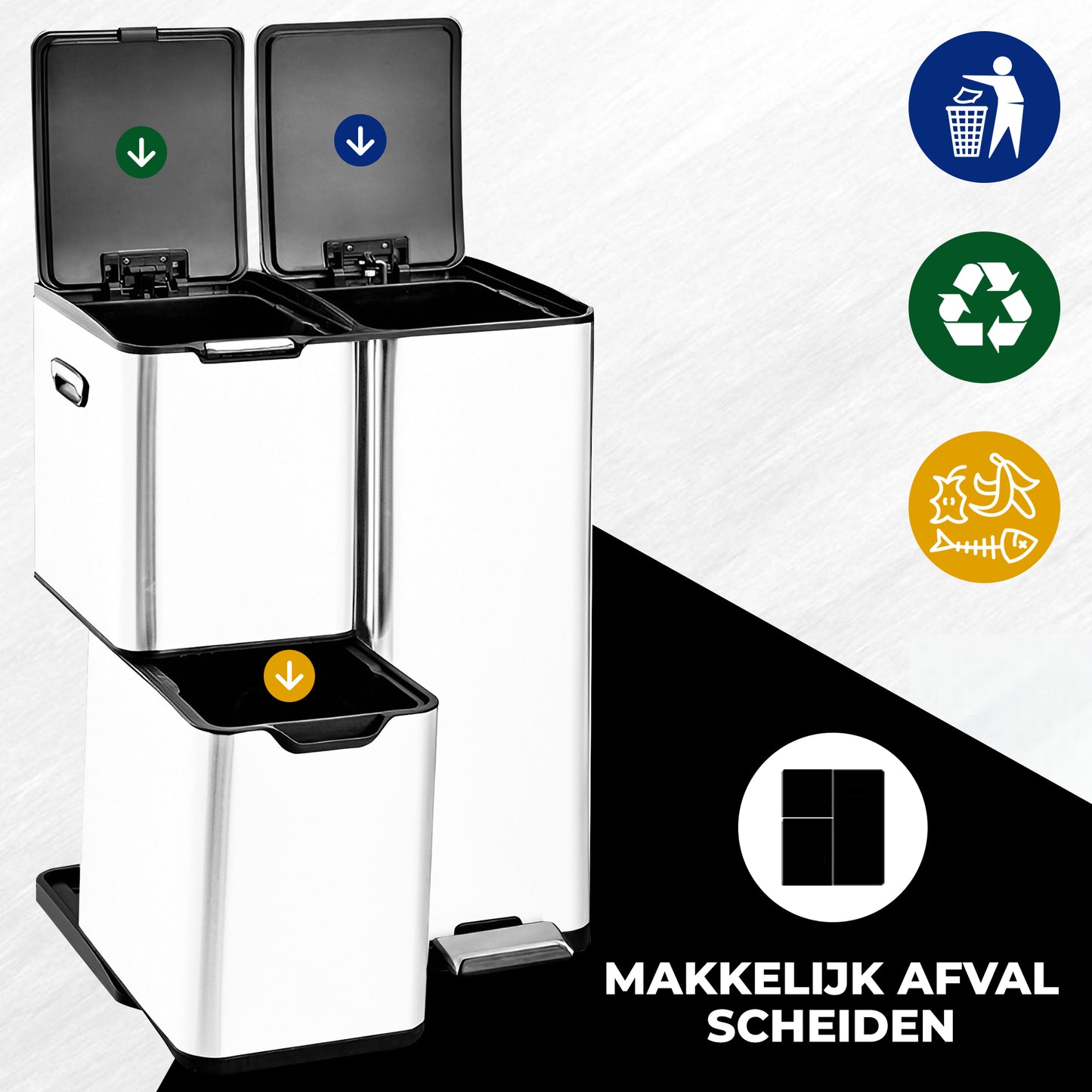 Bayt Prullenbak 60 liter - 3 compartimenten - Wit - Outlet