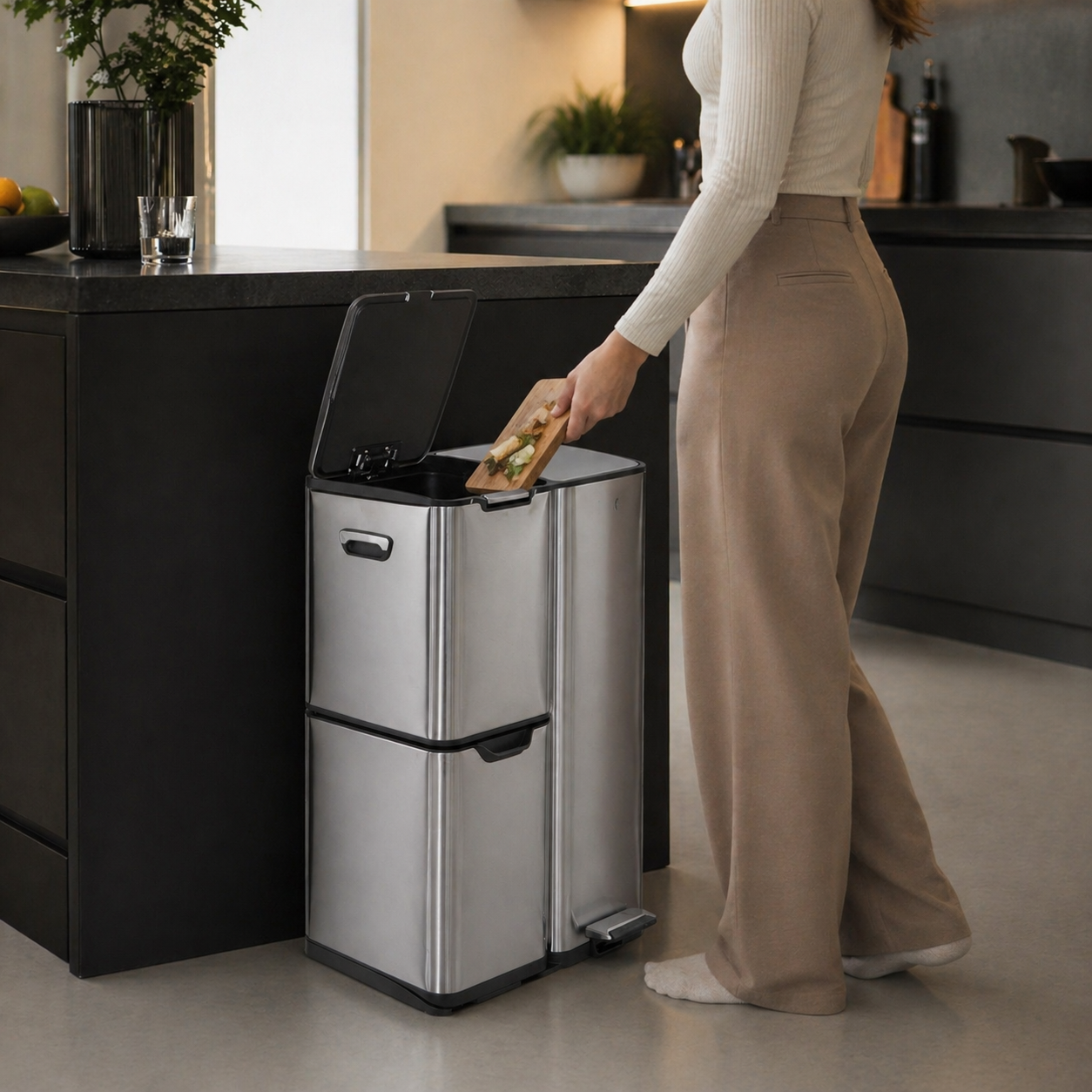 Bayt Prullenbak 60 liter - 3 compartimenten - Zilver - Baytliving