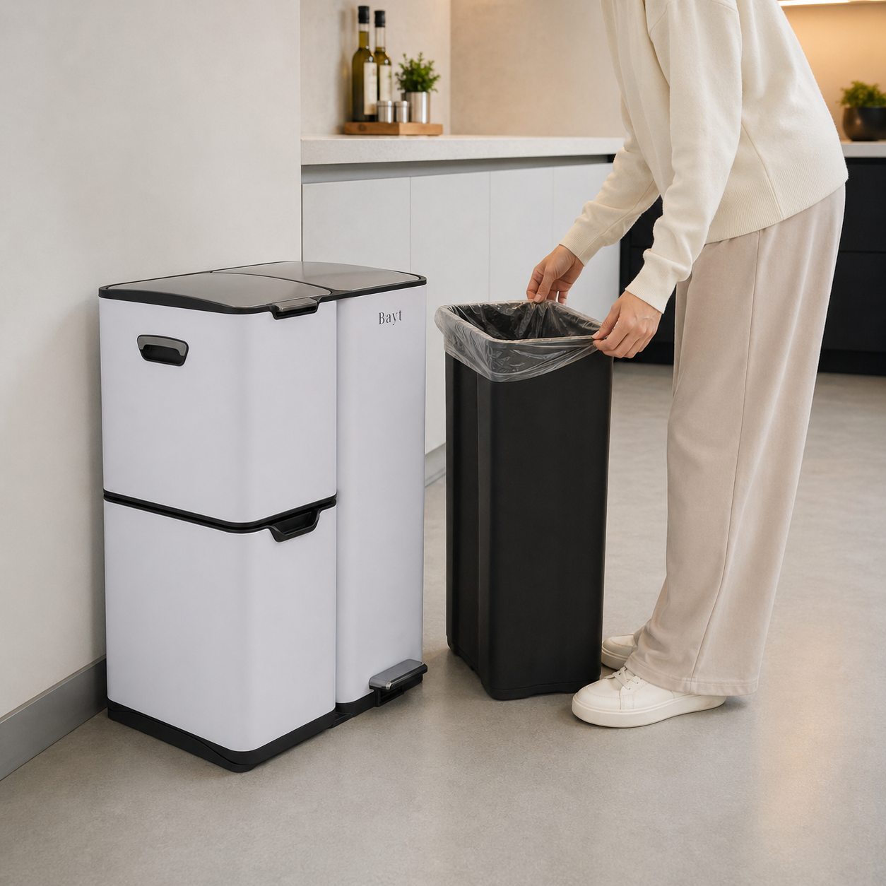 Bayt Prullenbak 60 liter - 3 compartimenten - Wit - Baytliving