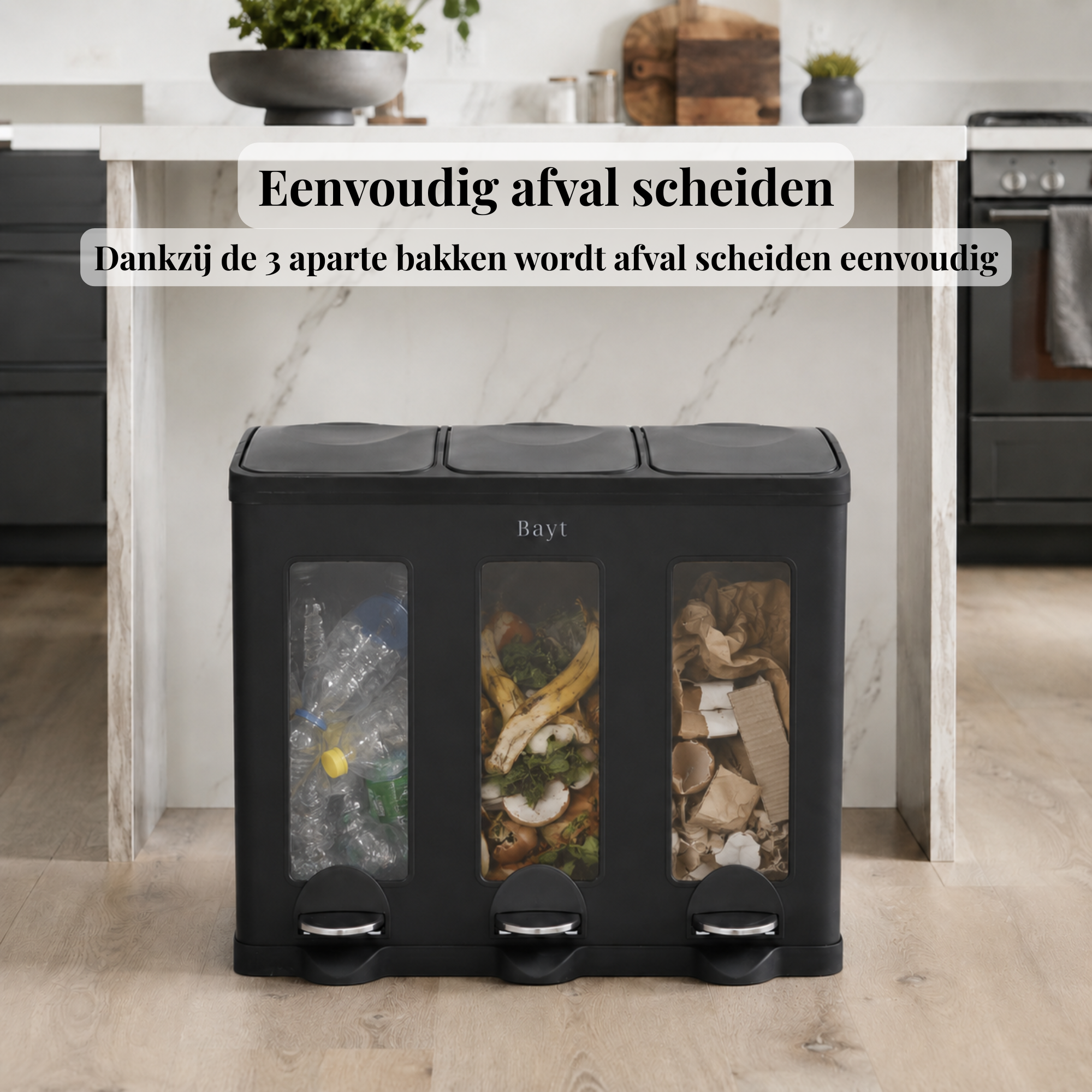 Prullenbak 3x20 Liter met Pedaalbediening - Zwart - Baytliving