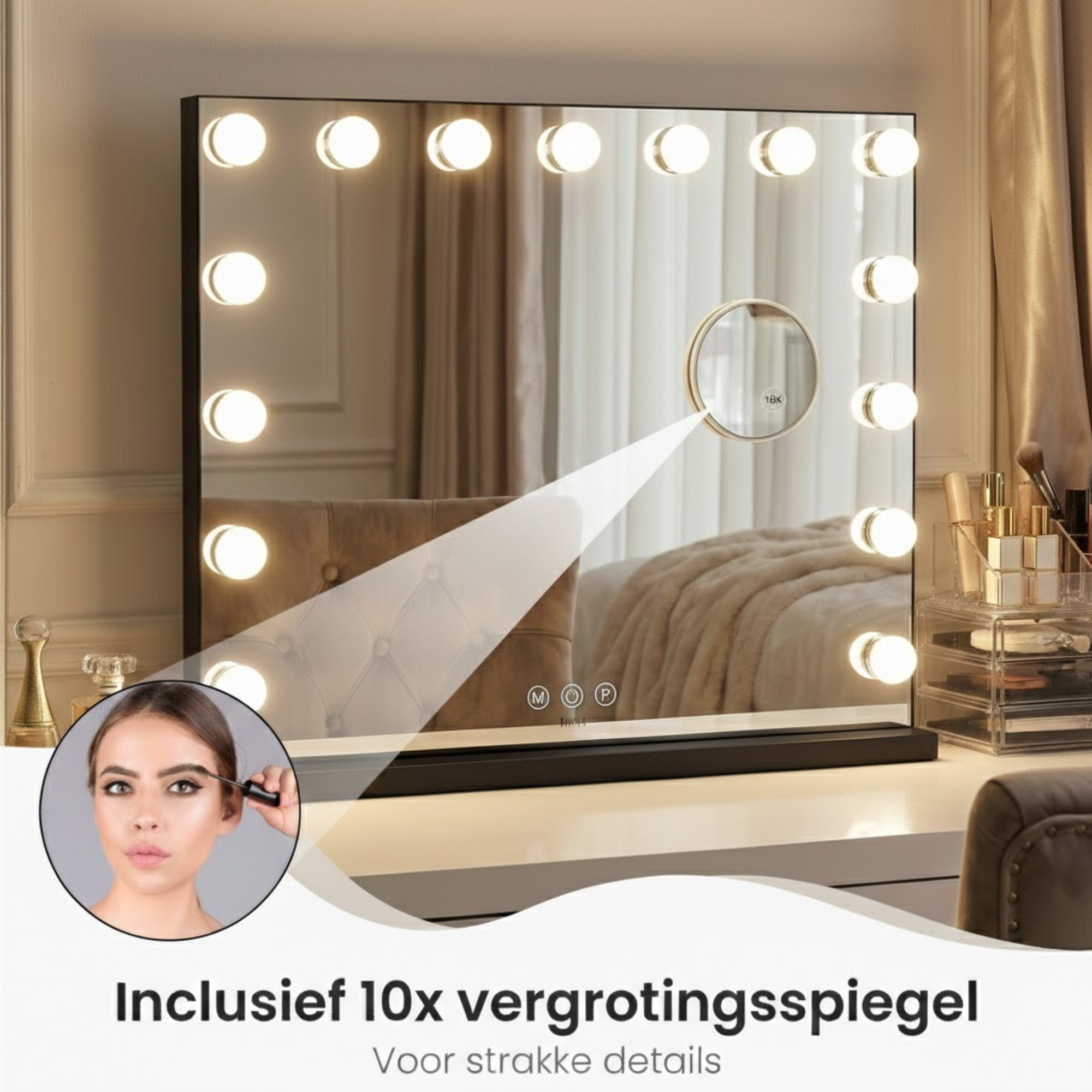 Hollywood Spiegel 58 x 46 cm met 10x Vergroting - Zwart - Baytliving