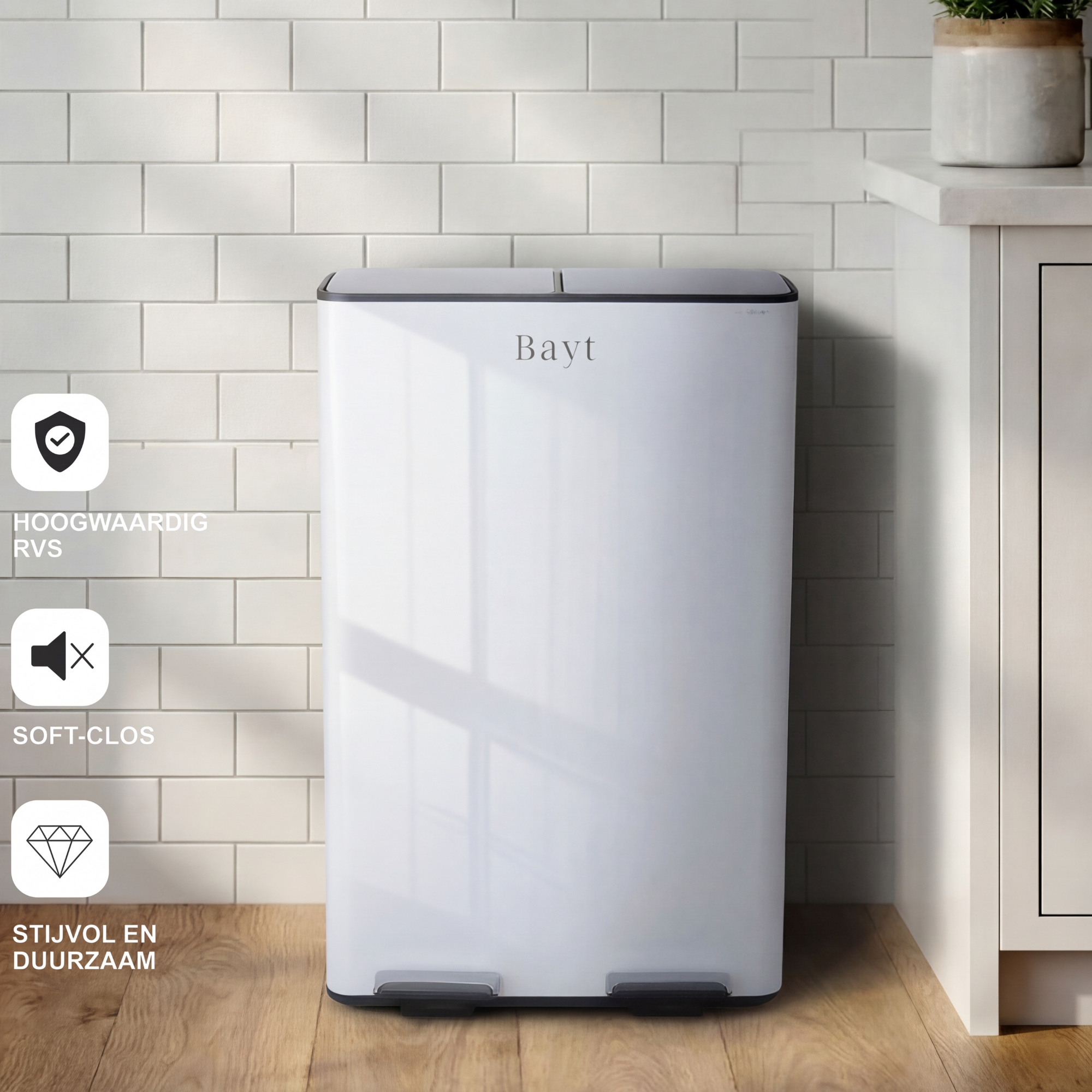 Bayt Prullenbak 60 liter - 2x30L Pedaalprullenbak - Wit - Outlet - Baytliving