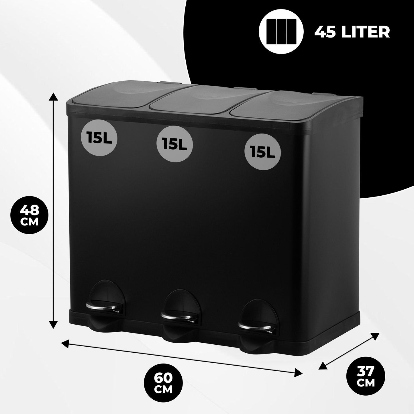 Bayt Prullenbak 45 liter - 3x15L Pedaalprullenbak - Zwart