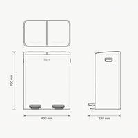 Technische tekening van Bayt pedaalprullenbak met 2 vakken van 60 liter met afmetingen 700 x 430 x 330 mm
