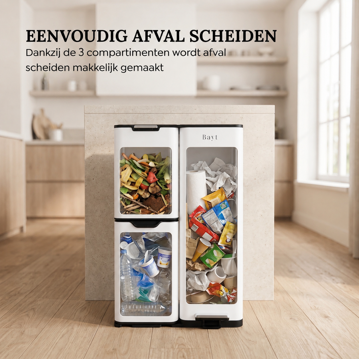 Bayt RVS prullenbak met 3 compartimenten in een keuken, gevuld met GFT, plastic en restafval voor eenvoudig afval scheiden