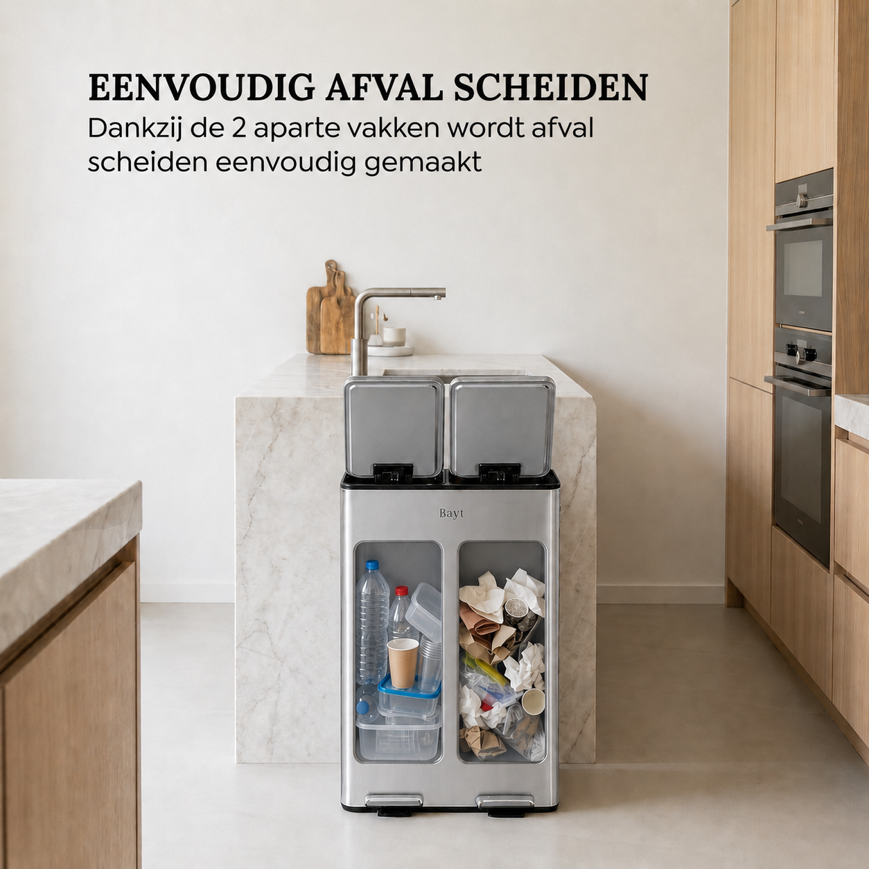 Chrome Bayt prullenbak met twee aparte vakken van 30 liter voor eenvoudig afval scheiden in een moderne keuken.