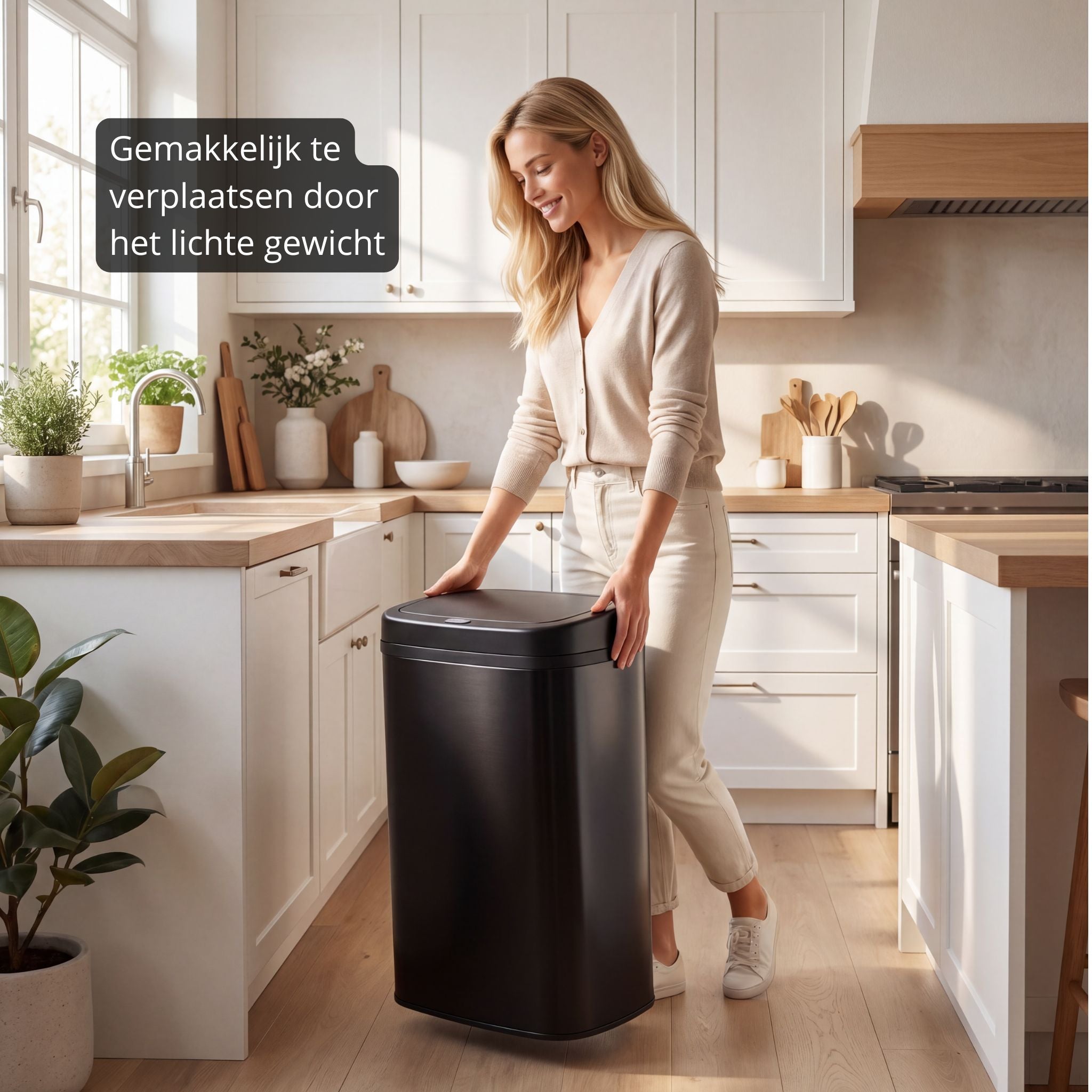 Vrouw verplaatst eenvoudig een Bayt sensor prullenbak dankzij het lichte gewicht in een moderne keuken.