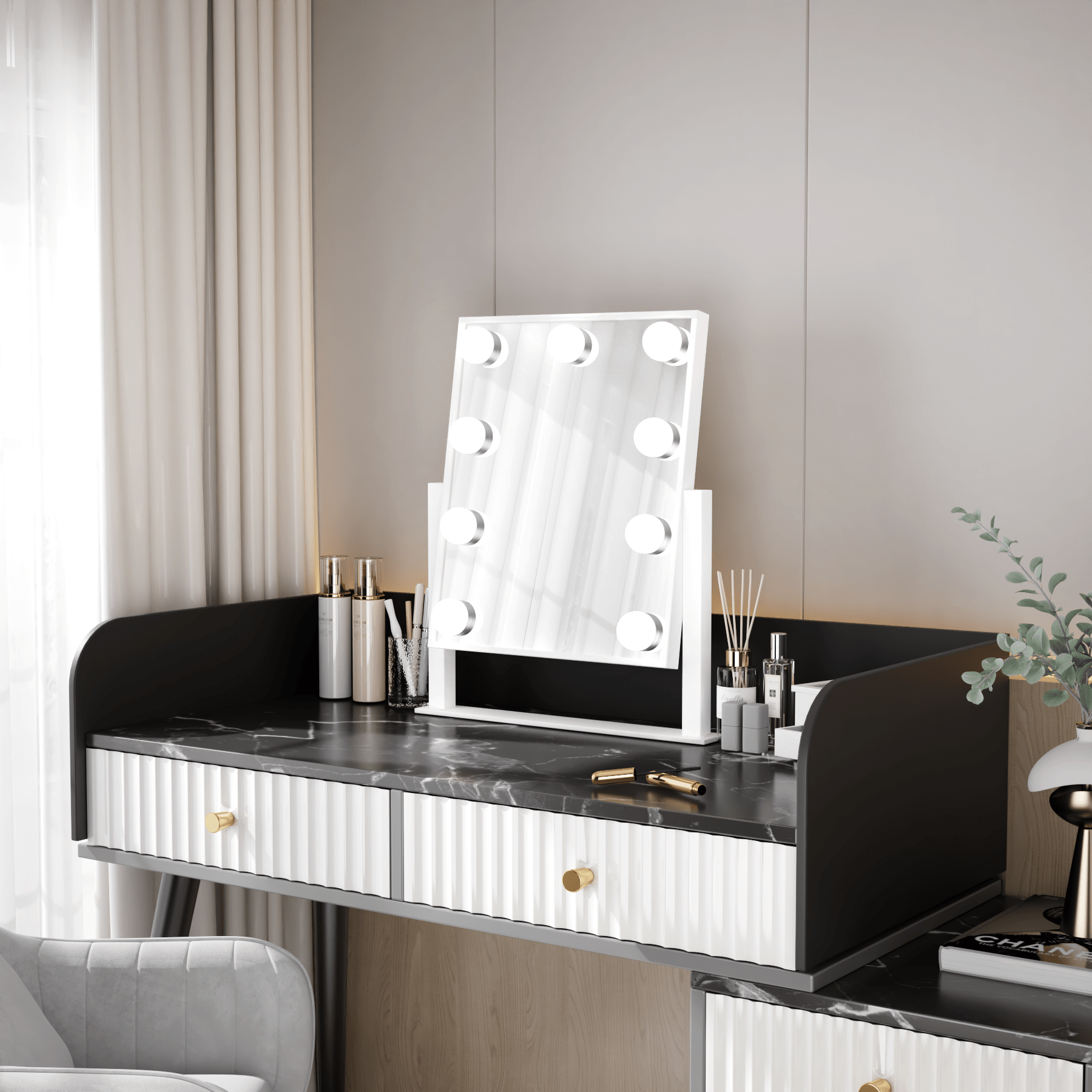 Bayt Hollywood mirror 36 x 30 cm - Make up mirror - Mirror with lighting - Dimmable (Black Bayt Hollywood mirror 36 x 30 cm - Make up mirror - Mirror with lighting - Dimmable (Black