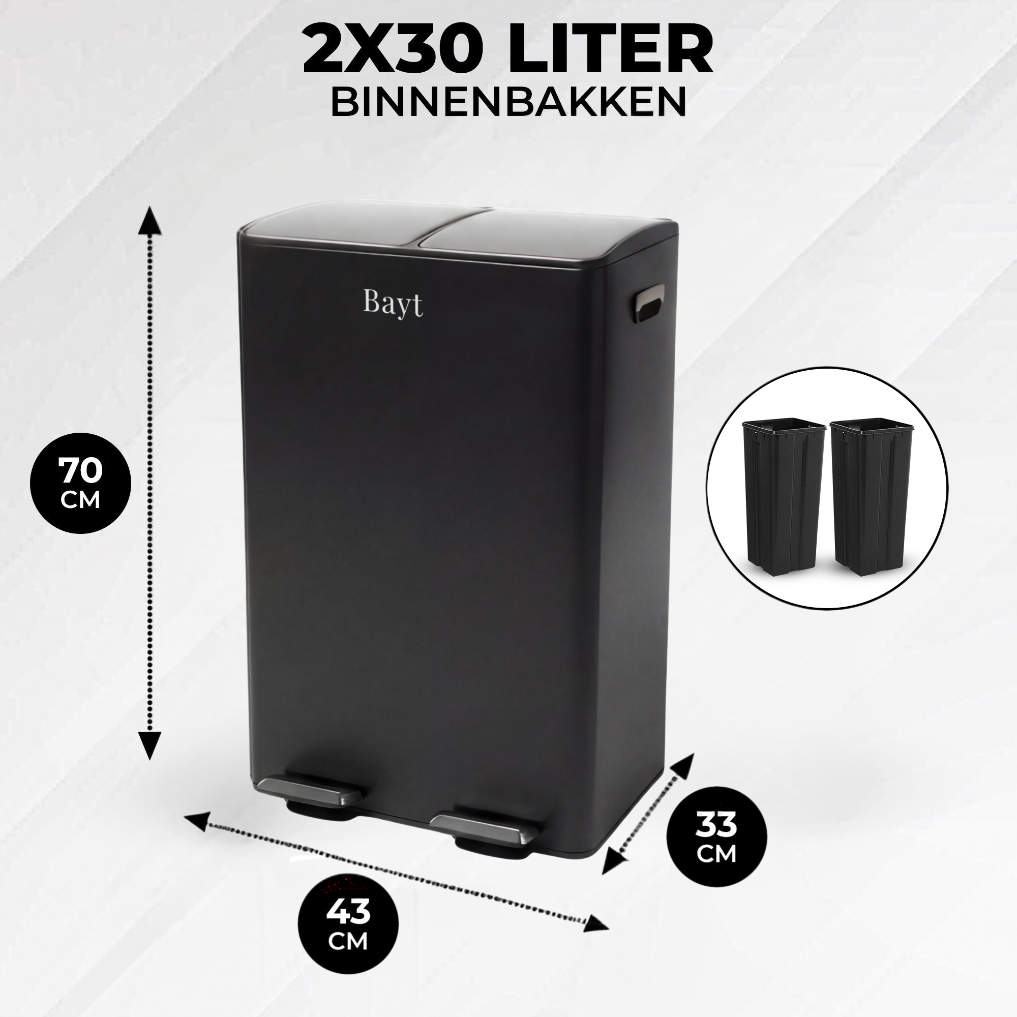 Bayt Prullenbak 60 liter - 2x30L Pedaalprullenbak - Zwart/Zilver - Baytliving