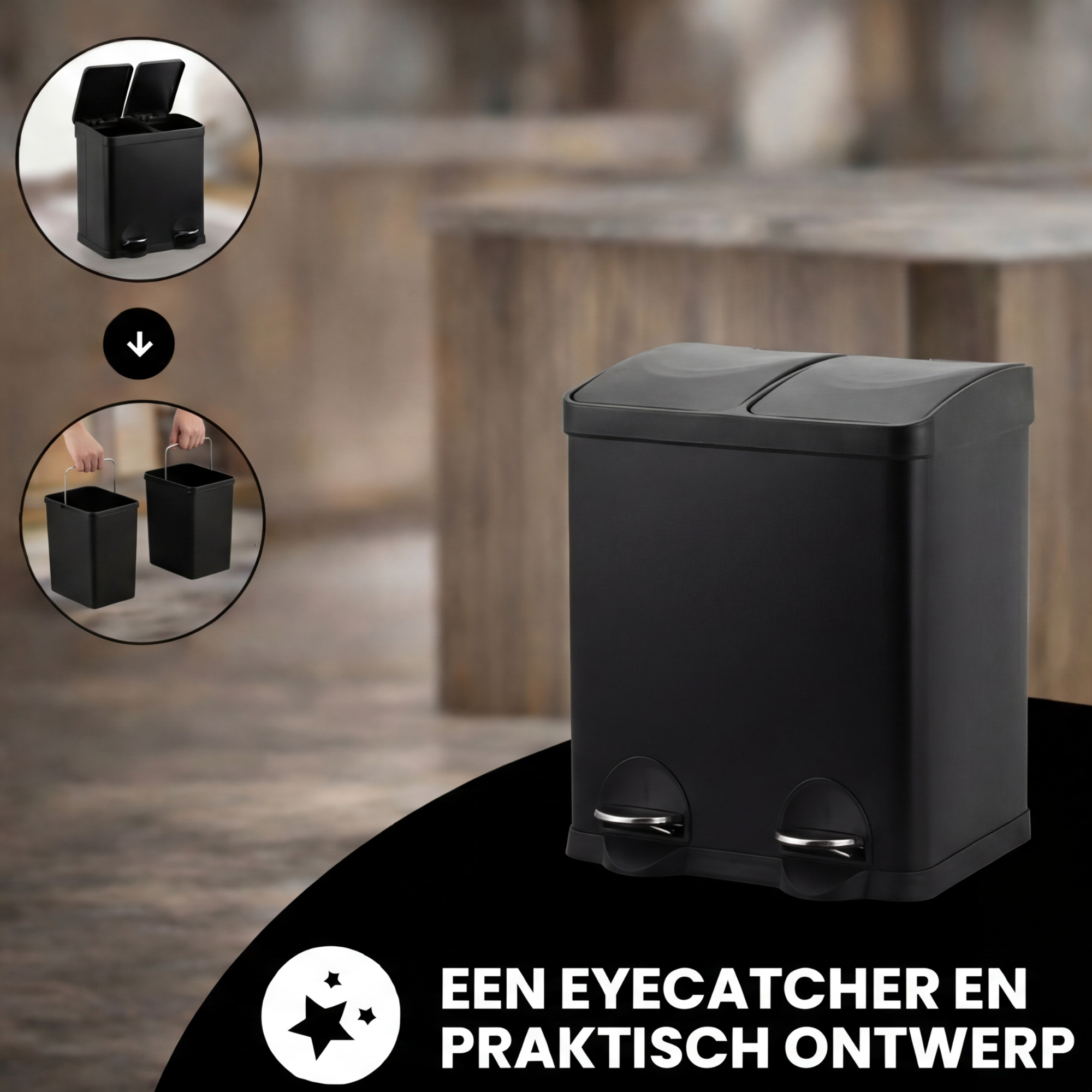 Prullenbak 2x15 Liter met Pedaalbediening - Zwart - Baytliving