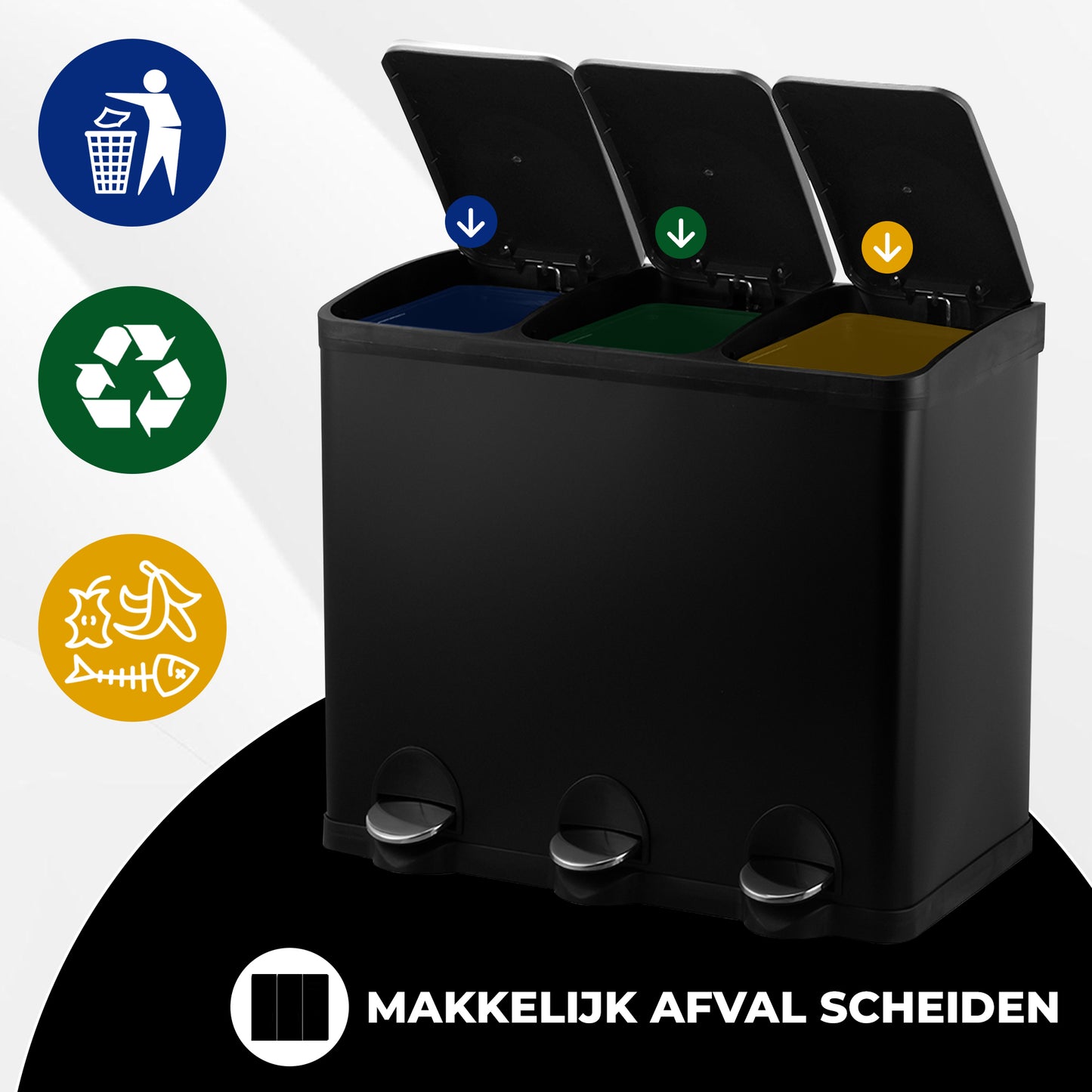 Bayt Prullenbak 45 liter - 3x15L Pedaalprullenbak - Zwart