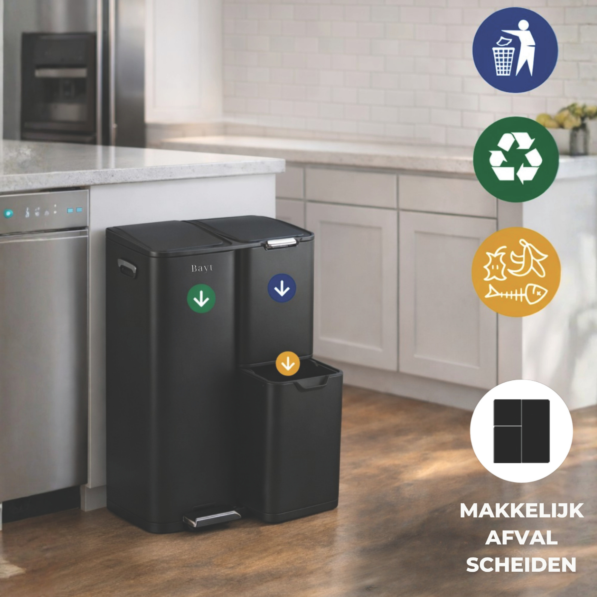 Bayt Prullenbak 60 liter - 3 compartimenten - Zwart - Baytliving