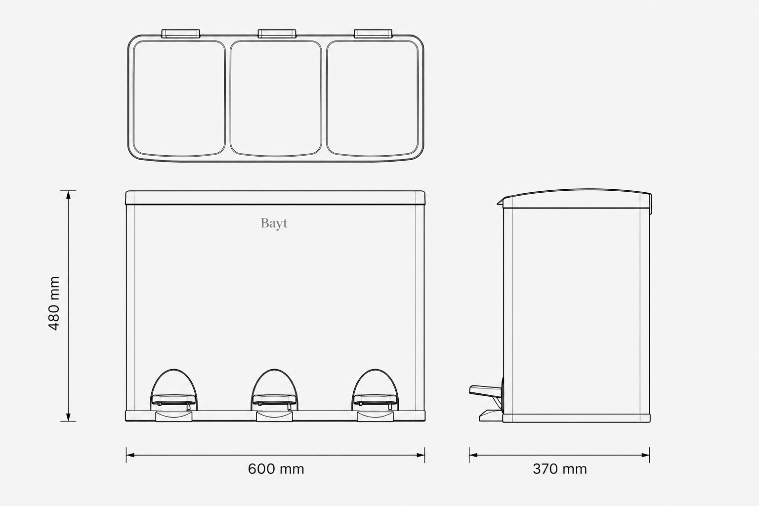 Bayt Prullenbak 45 liter - 3x15L Pedaalprullenbak - Zwart - Baytliving