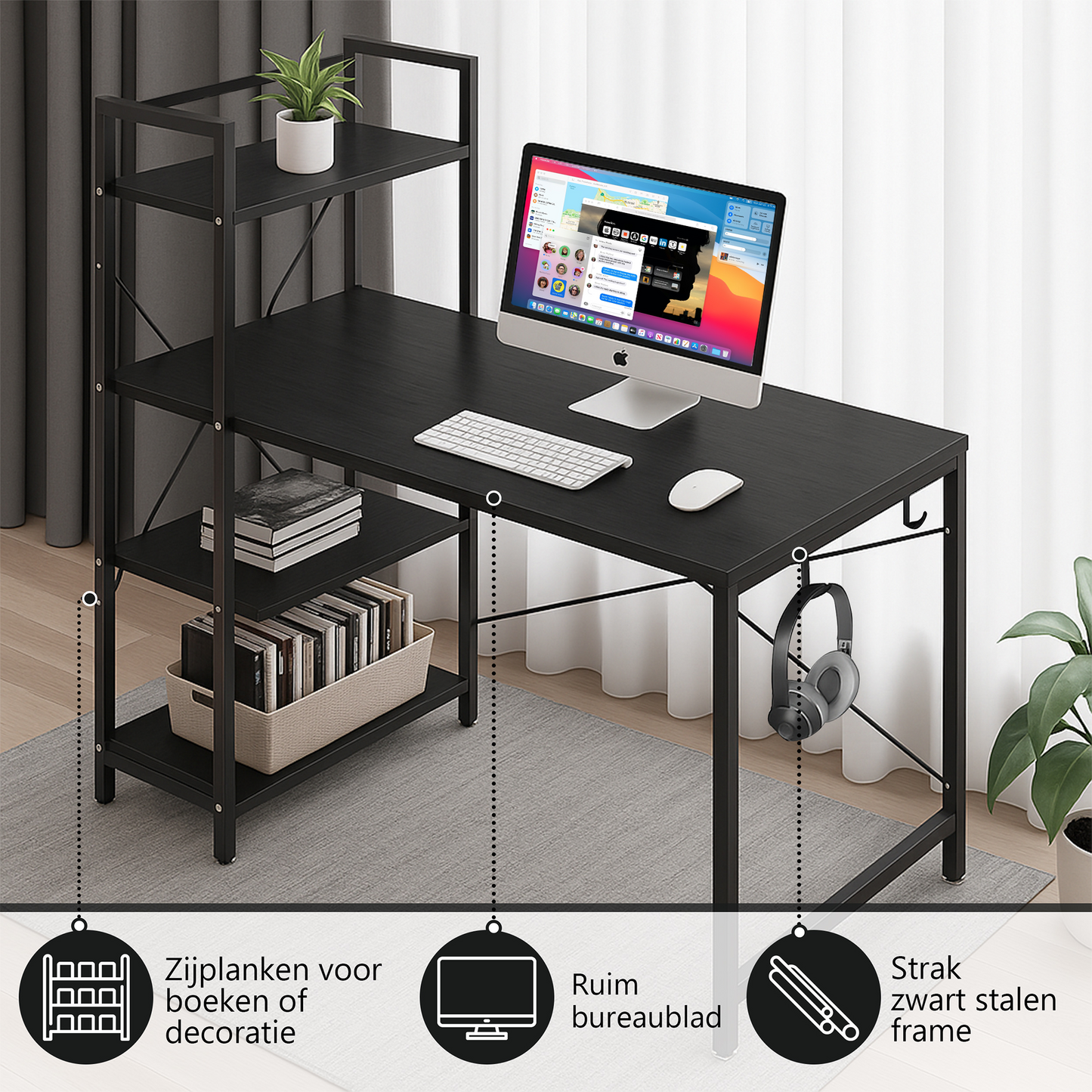 Bayt Bureau met Boekenkast - 120x75x60 cm - Zwart