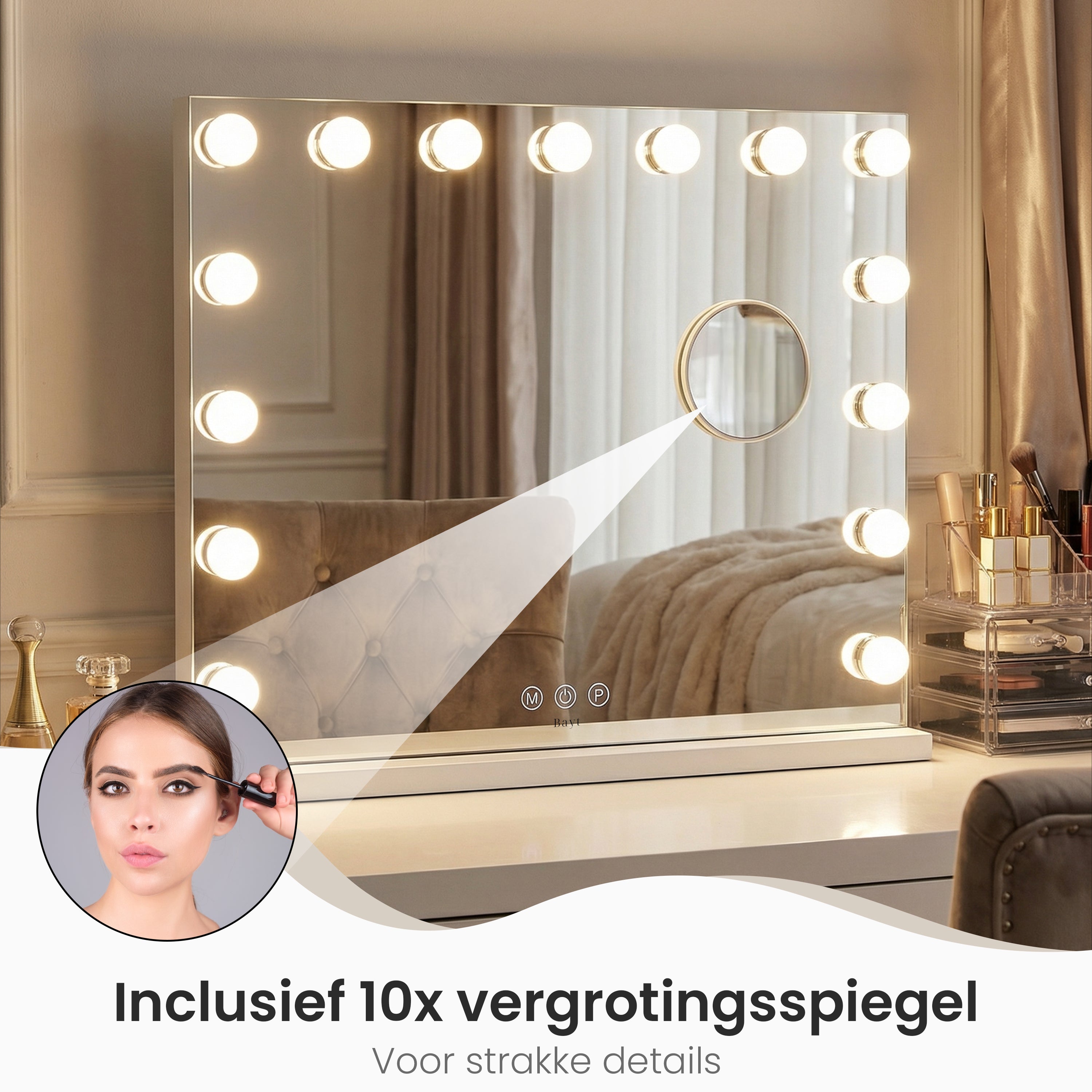 Bayt Hollywood Spiegel met Bluetooth Speaker - 58x46cm - Wit - Baytliving