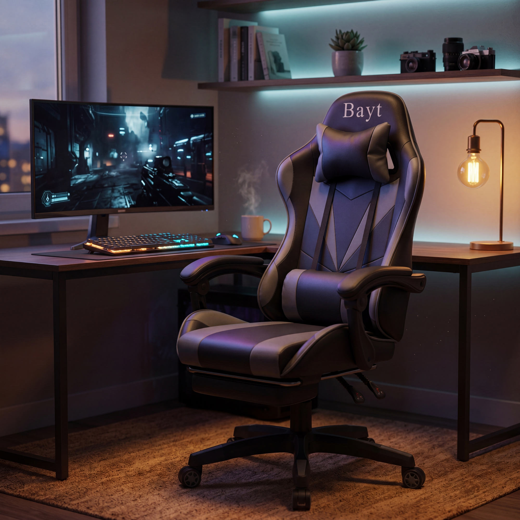 Gamestoel met Voetensteun & Verstelbaar Zithoogte - Grijs - Baytliving