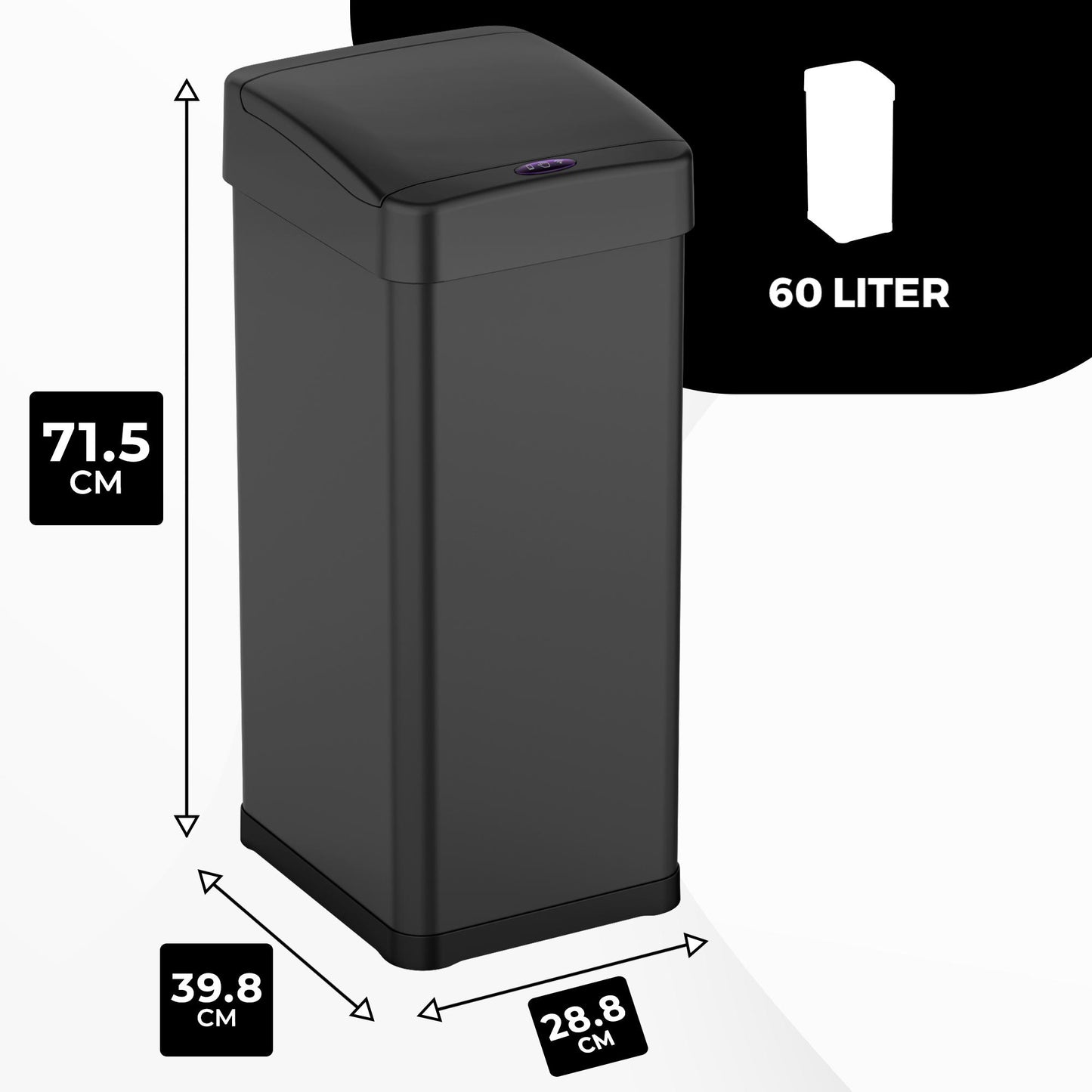 Bayt 60L Sensor Prullenbak, Vierkant, Zwart - Baytliving