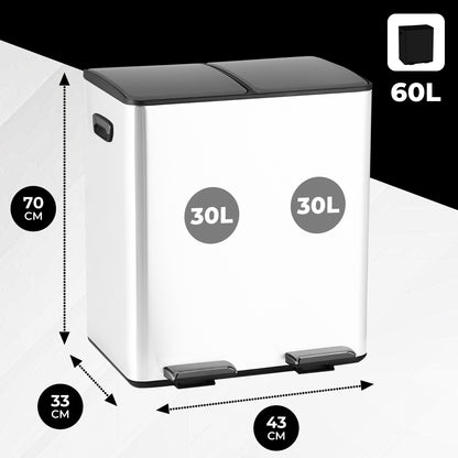 Bayt Prullenbak 60 liter - 2x30L Pedaalprullenbak - Wit