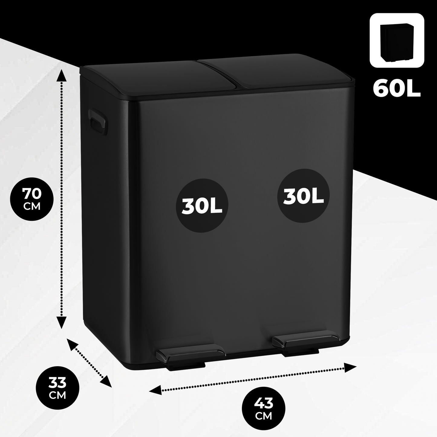 Bayt Prullenbak 60 liter - 2x30L Pedaalprullenbak - Zwart