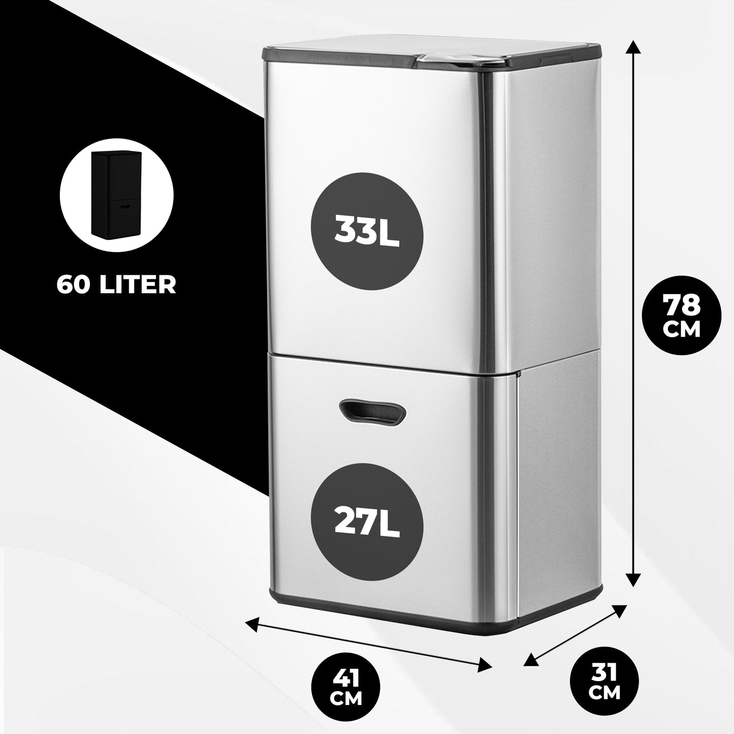 Bayt Prullenbak 60 liter - 2 compartimenten - Zilver - Outlet