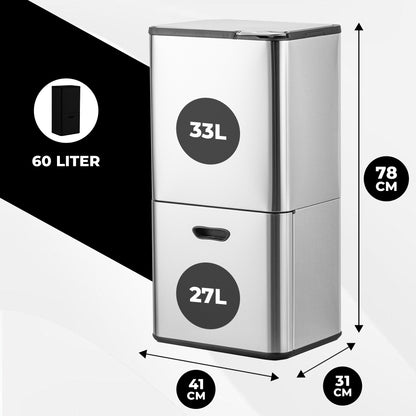 Bayt Prullenbak 60 liter - 2 compartimenten - Zilver - Outlet