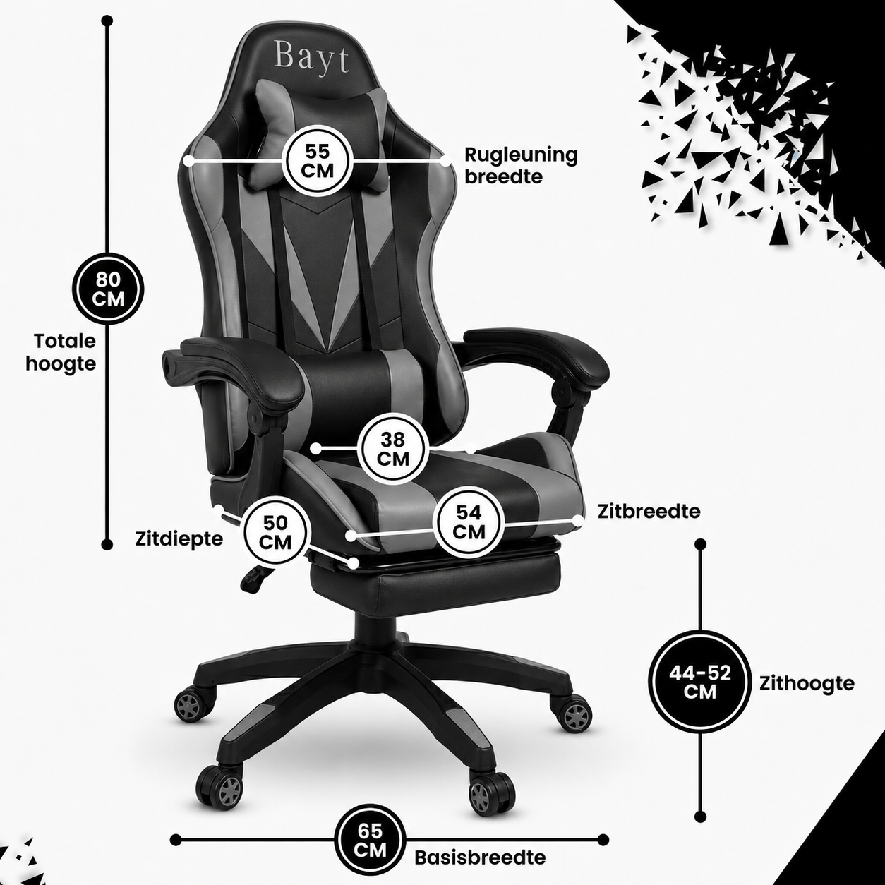 Gamestoel met Voetensteun & Verstelbaar Zithoogte - Grijs - Baytliving