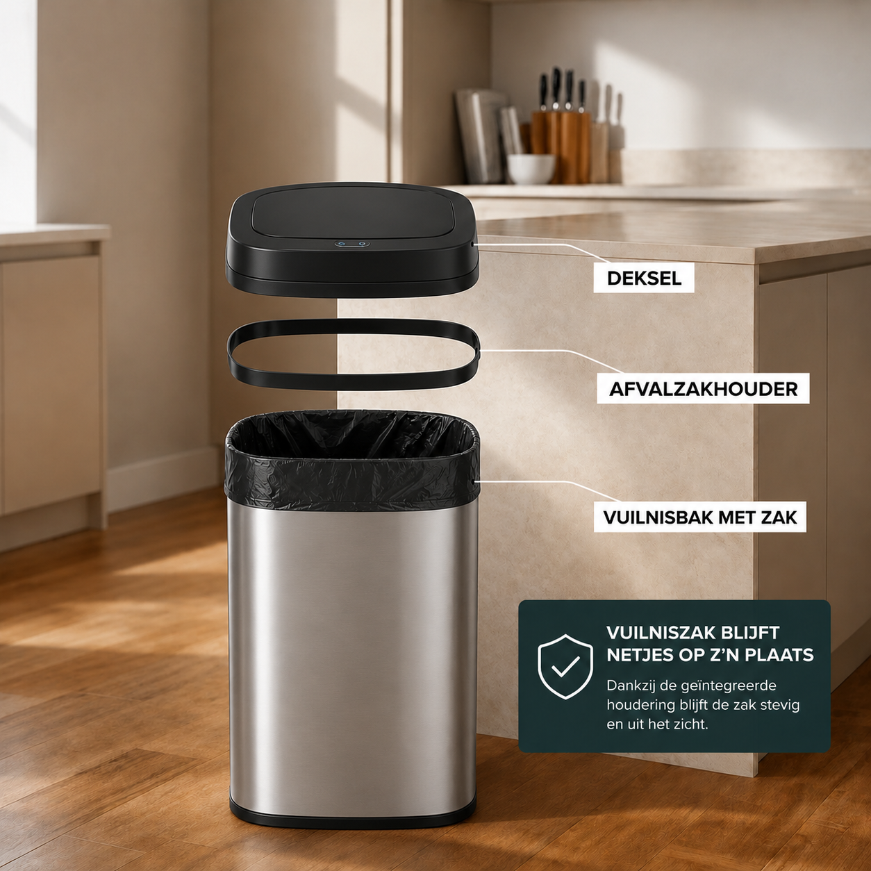 Prullenbak 60 Liter met Sensor - Zilver - Baytliving