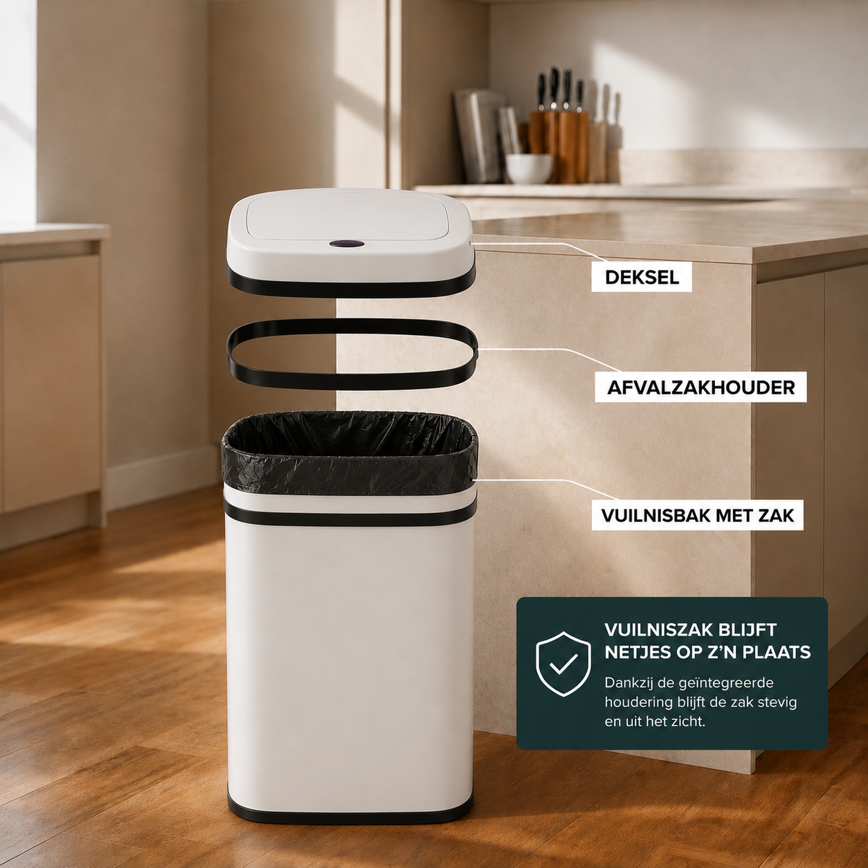 Prullenbak 60 Liter met Sensor - Wit - Baytliving