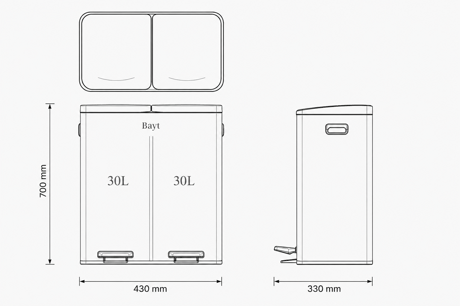 Bayt Prullenbak 60 liter - 2x30L Pedaalprullenbak - Zwart/Zilver - Outlet - Baytliving