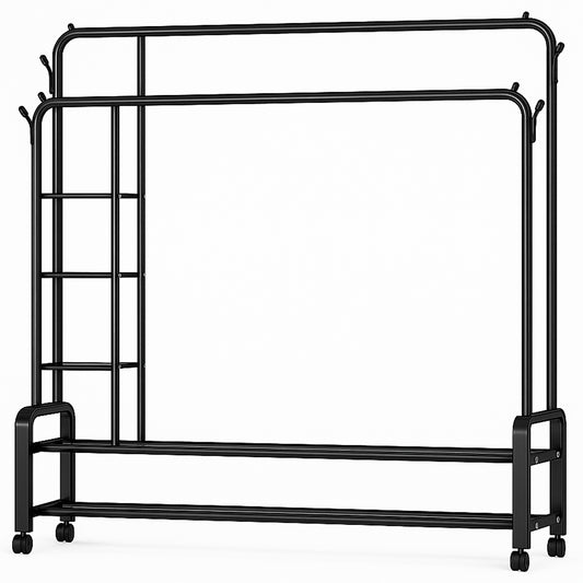 Bayt Kledingrek op Wieltjes met Schoenenrek - Zwart Metaal - Opbergvak - 150x162x48 cm - Baytliving