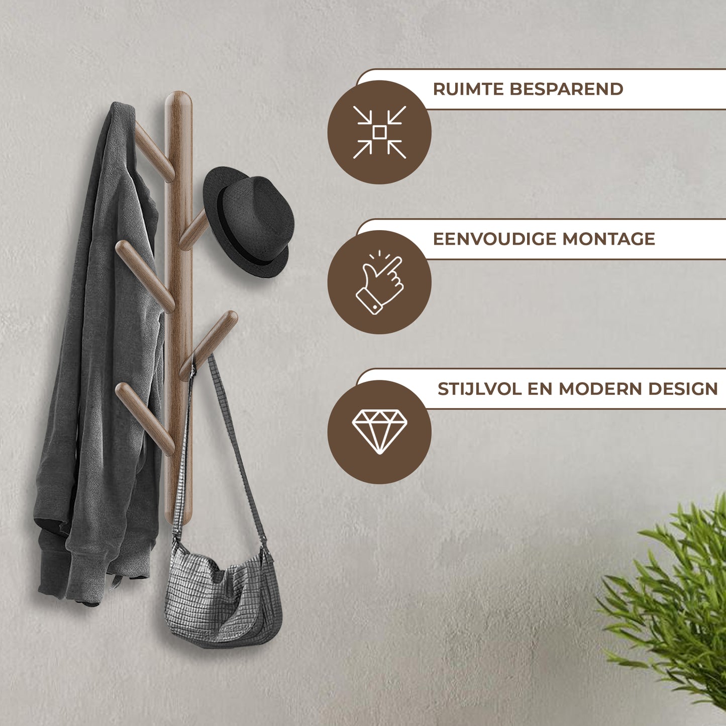 Bayt Wandkapstok - 5 Haken - Bruin