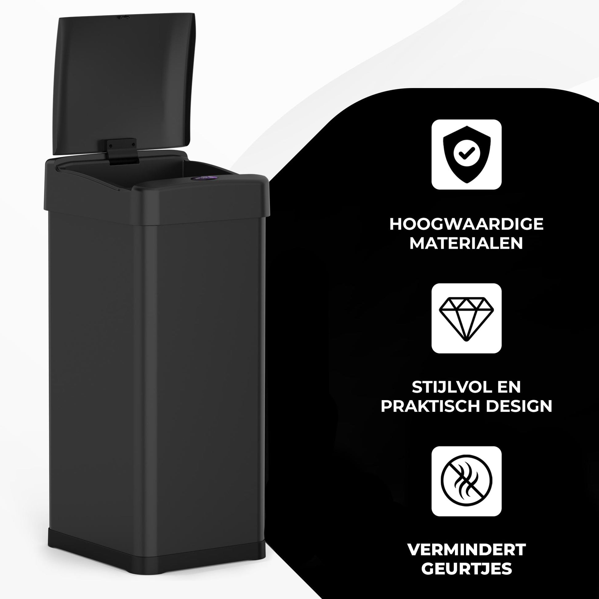 Bayt 60L Sensor Prullenbak, Vierkant, Zwart - Baytliving
