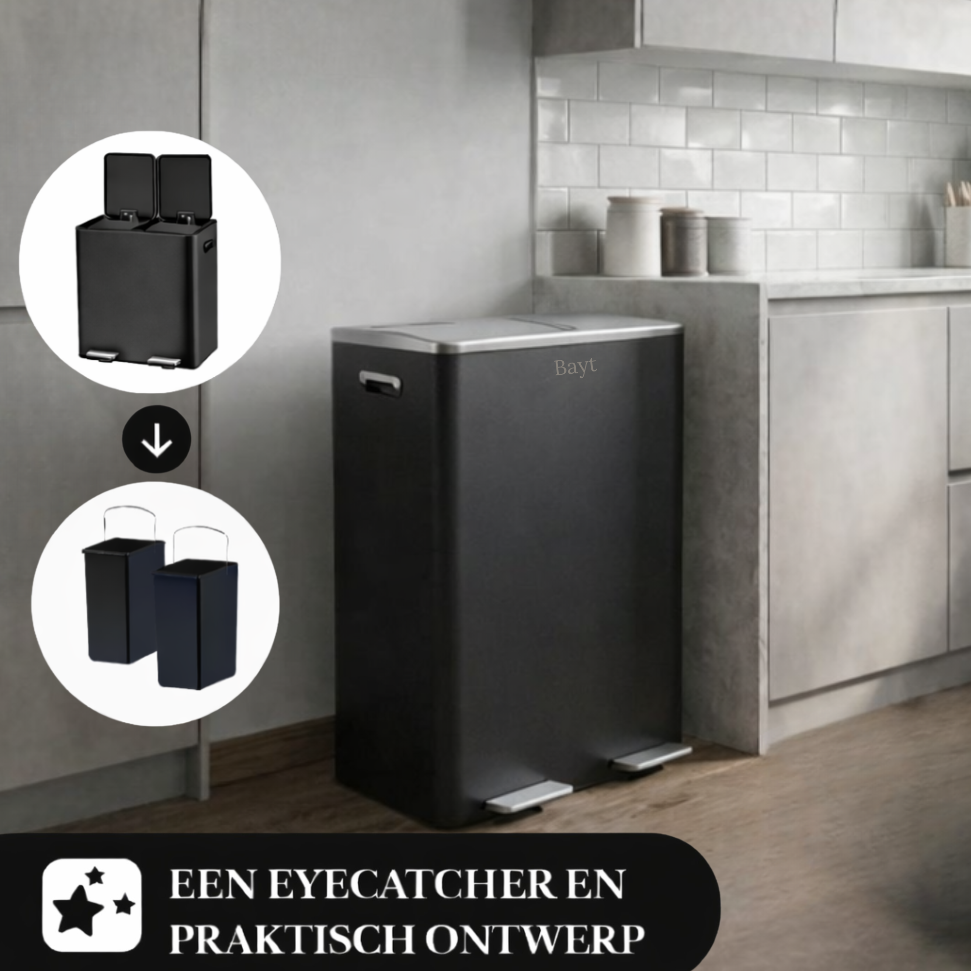 Bayt Prullenbak 60 liter - 2x30L Pedaalprullenbak - Zwart/Zilver - Outlet - Baytliving