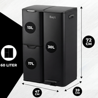 Bayt Prullenbak 60 liter - 3 compartimenten - Zwart - Baytliving