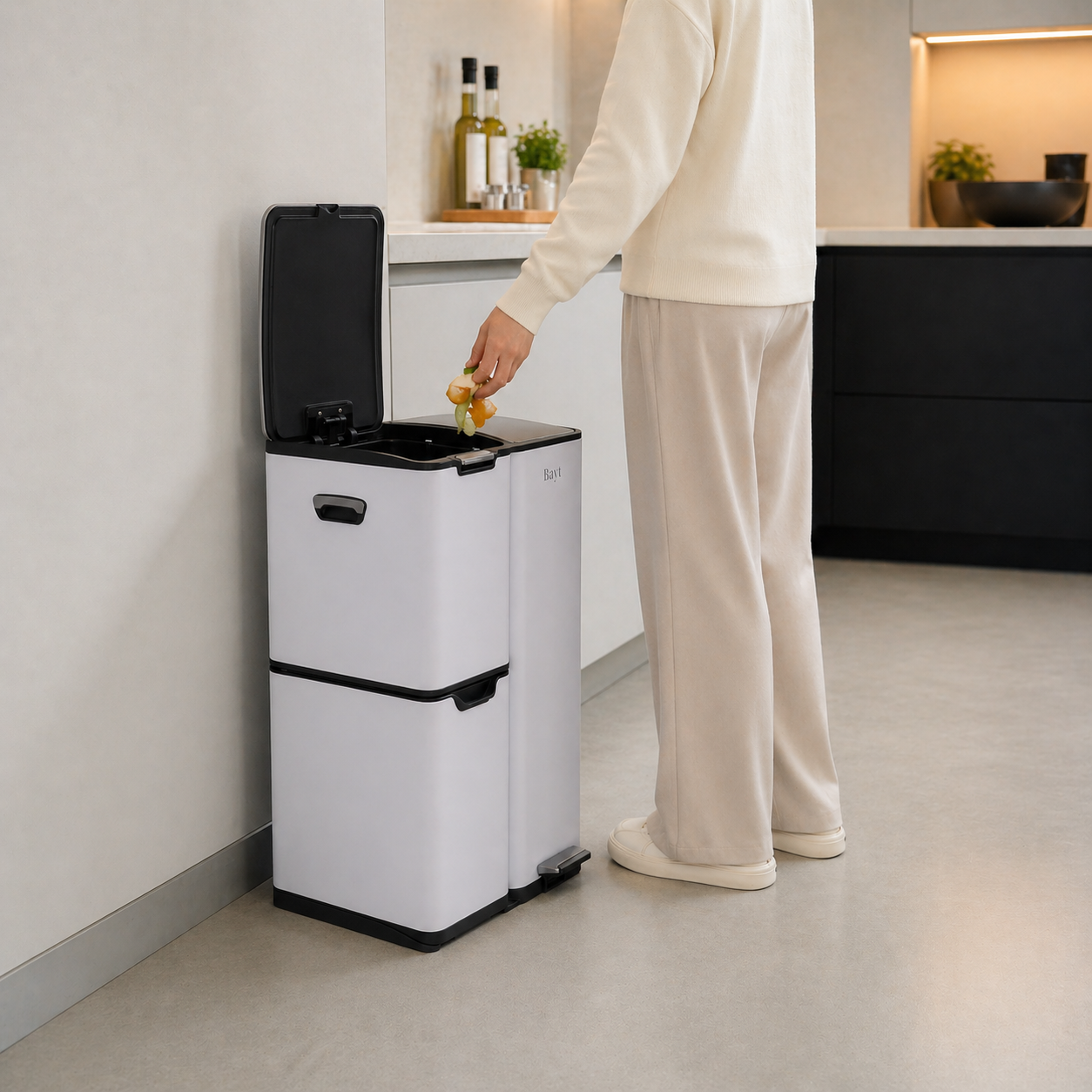 Bayt Prullenbak 60 liter - 3 compartimenten - Wit - Baytliving