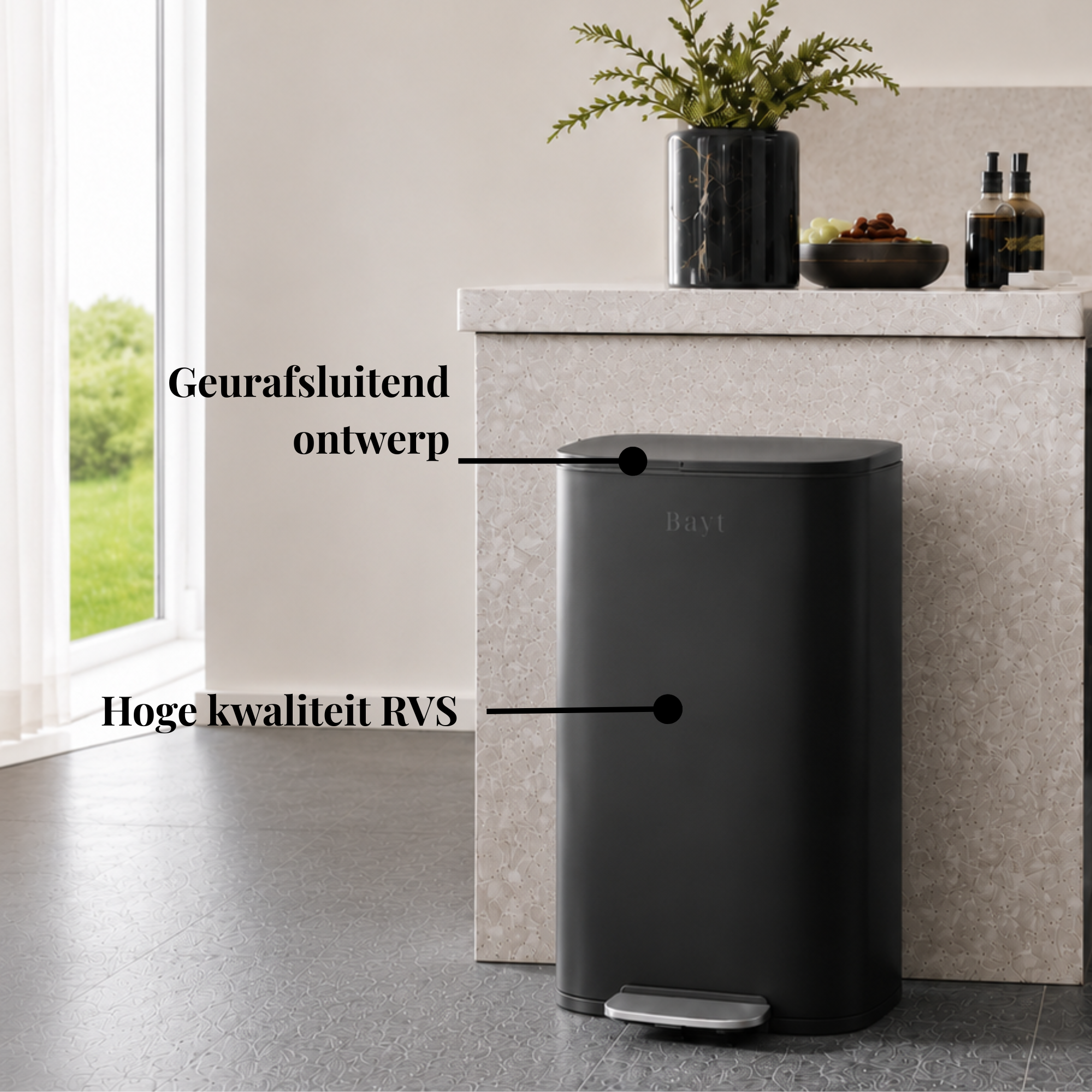 Prullenbak 50 Liter met Pedaalbediening - Zwart - Baytliving